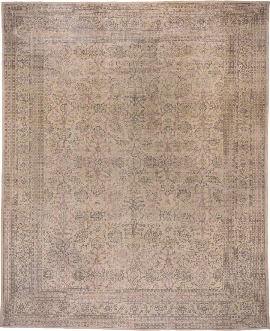 12' x 14' one-of-a-kind handmade antique Sivas oversize rug. Color palette: ivory, taupe, blush, muted blue, beige