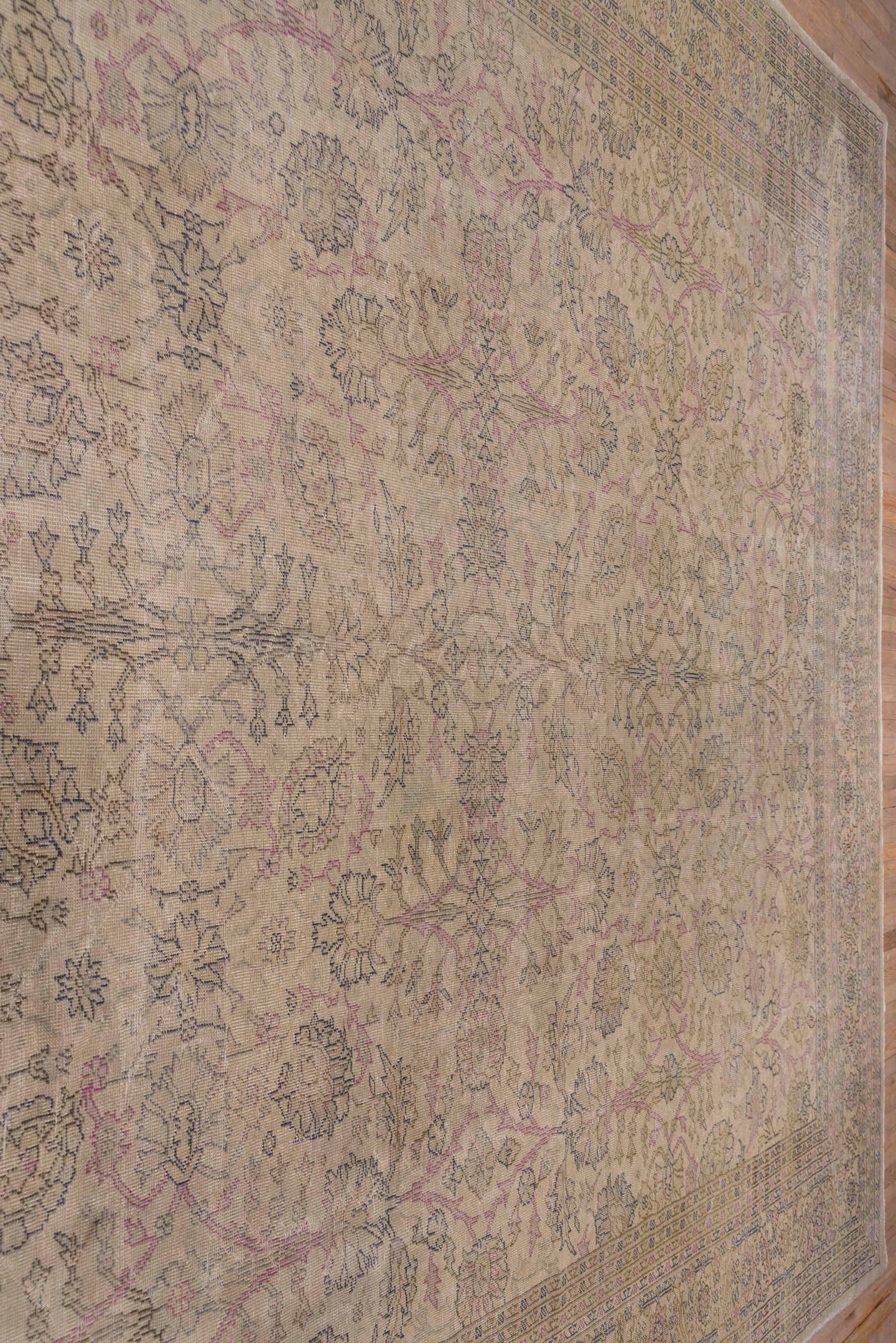 12' x 14' one-of-a-kind handmade antique Sivas oversize rug. Color palette: ivory, taupe, blush, muted blue, beige
