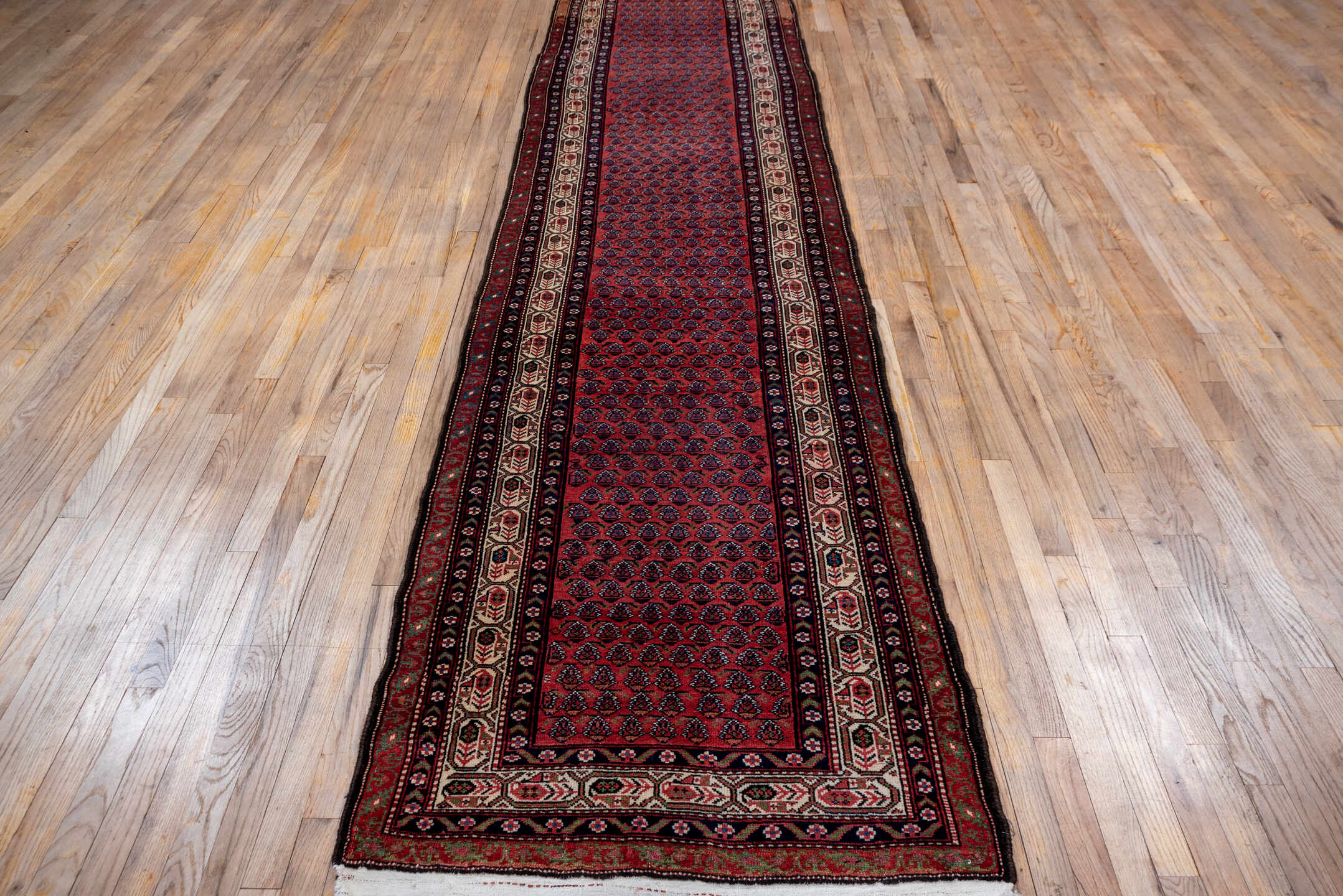 3' x 12' one-of-a-kind handmade vintage Malayer runner rug. Color palette: black, brown, gray, pink, red