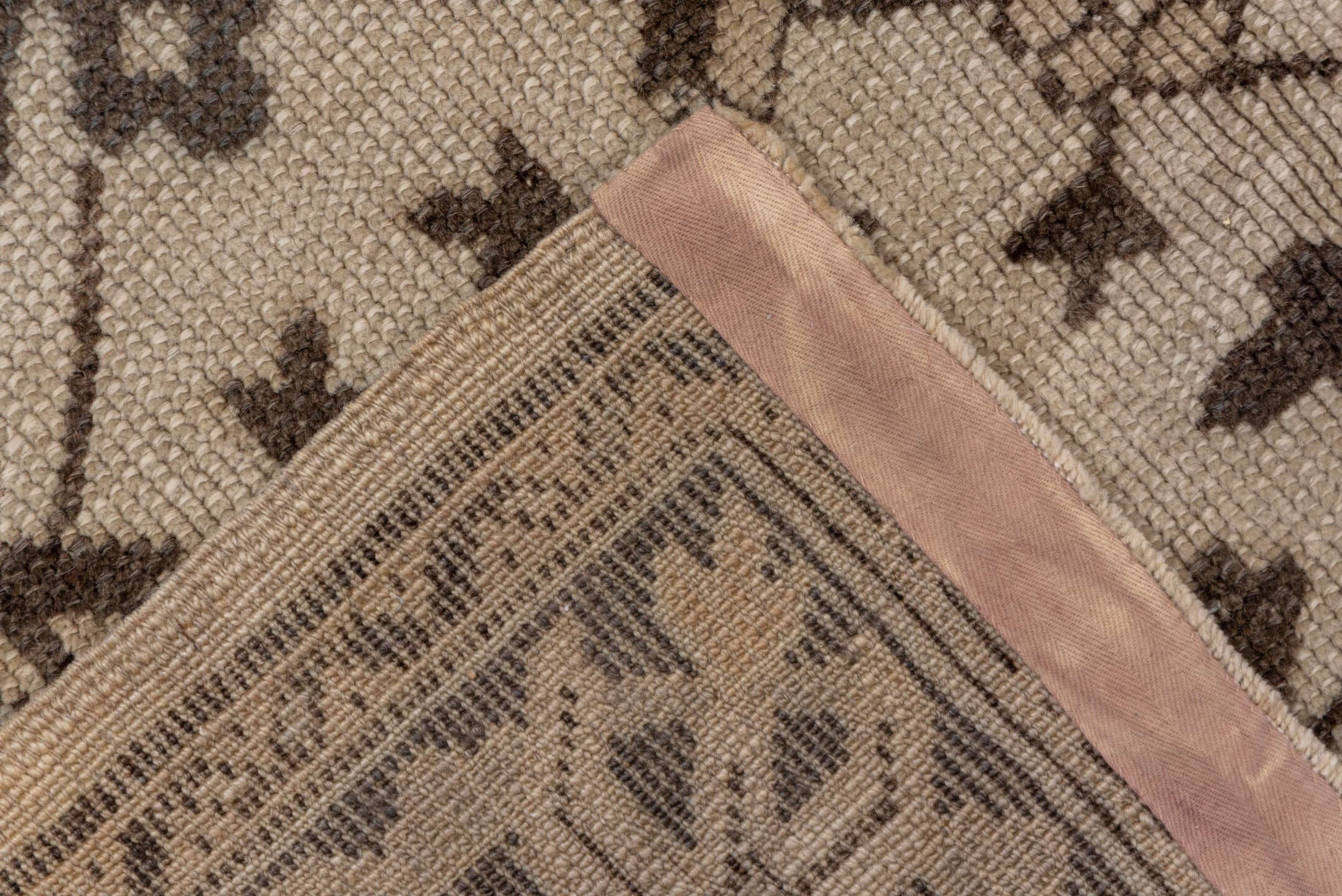 6' x 10' one-of-a-kind handmade antique Oushak large size rug. Color palette: ivory, taupe, brown, camel, beige, gray
