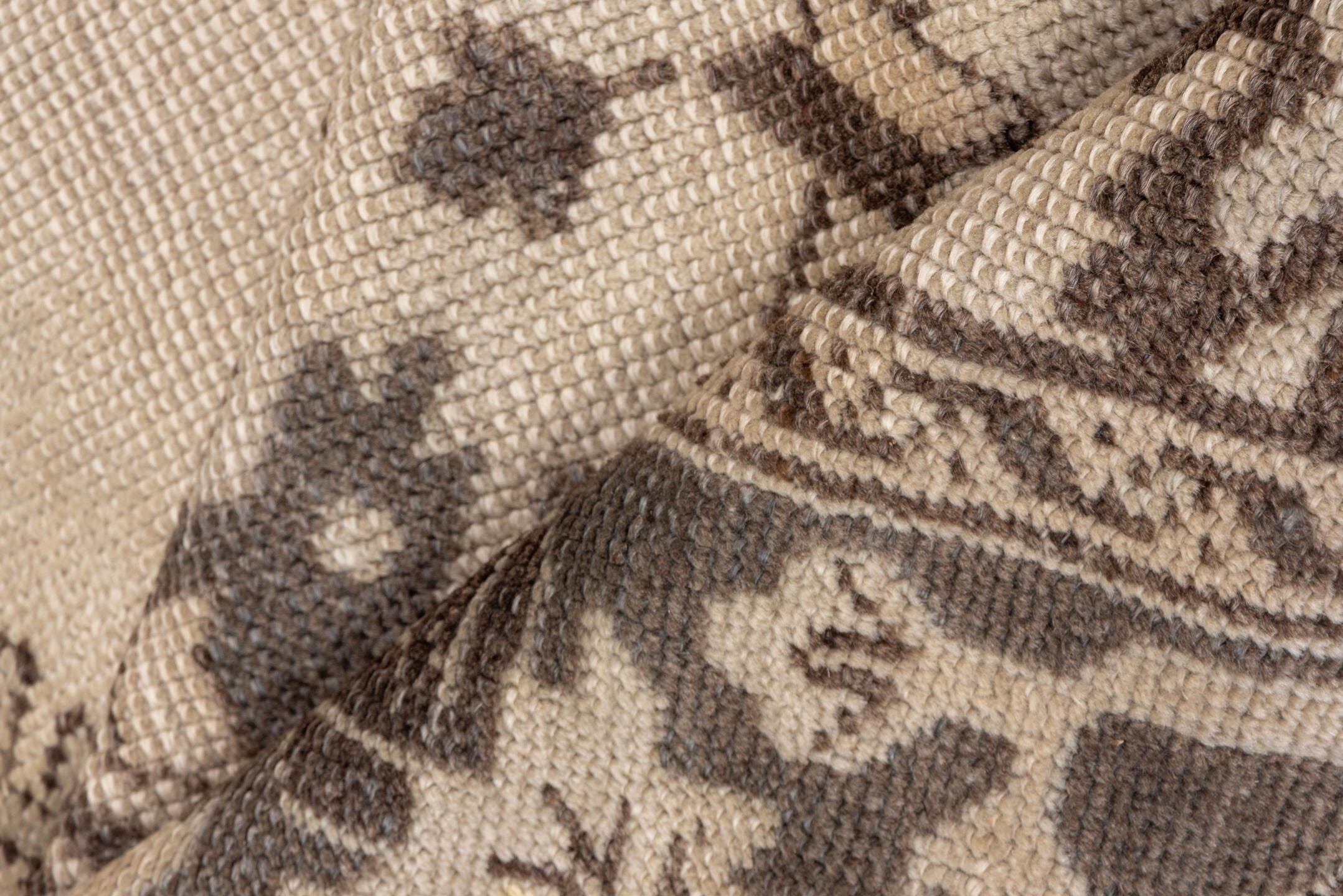 6' x 10' one-of-a-kind handmade antique Oushak large size rug. Color palette: ivory, taupe, brown, camel, beige, gray