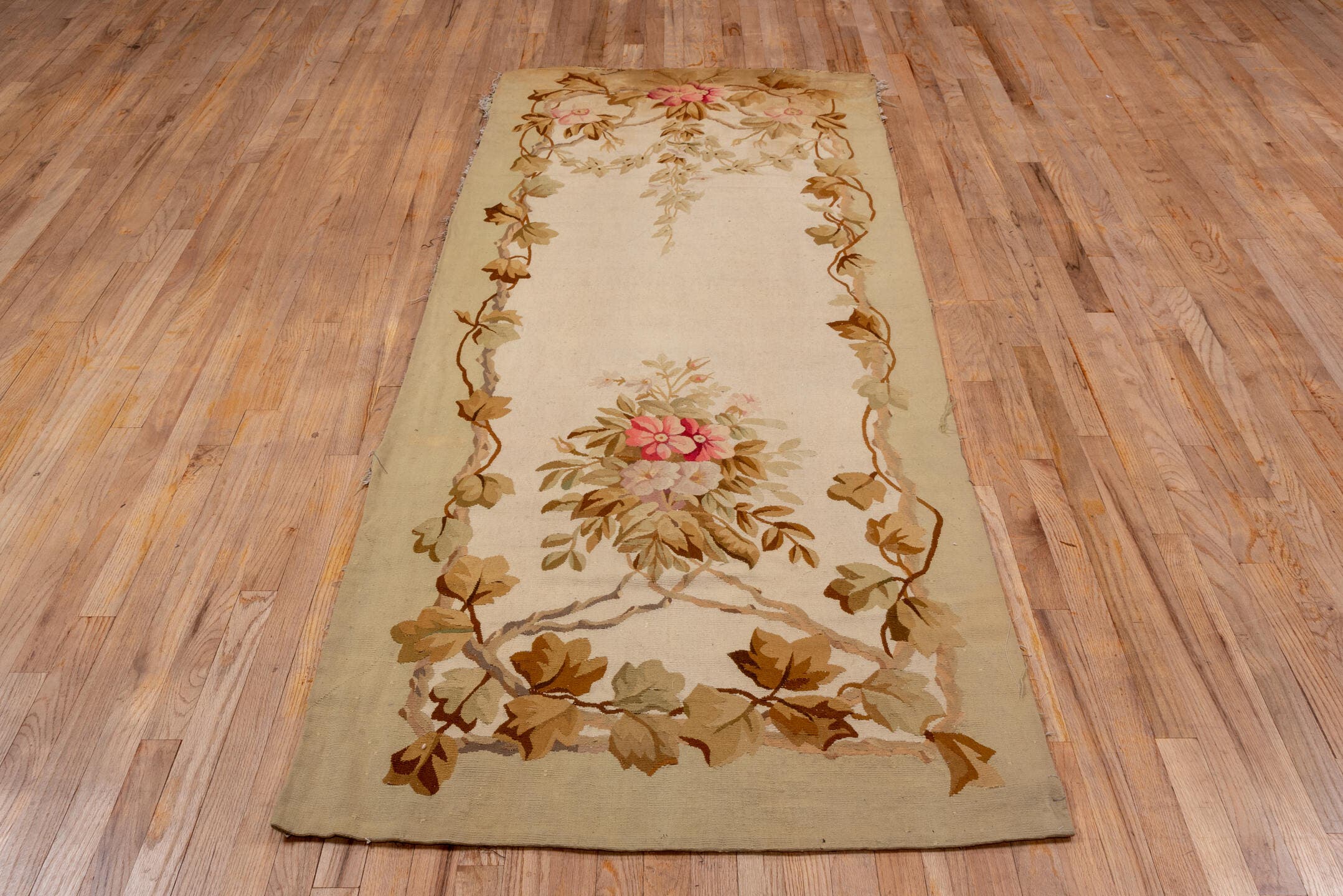 3' x 8' one-of-a-kind handmade antique Aubusson runner rug. Color palette: ivory, beige, taupe, camel, rose, sage, brown