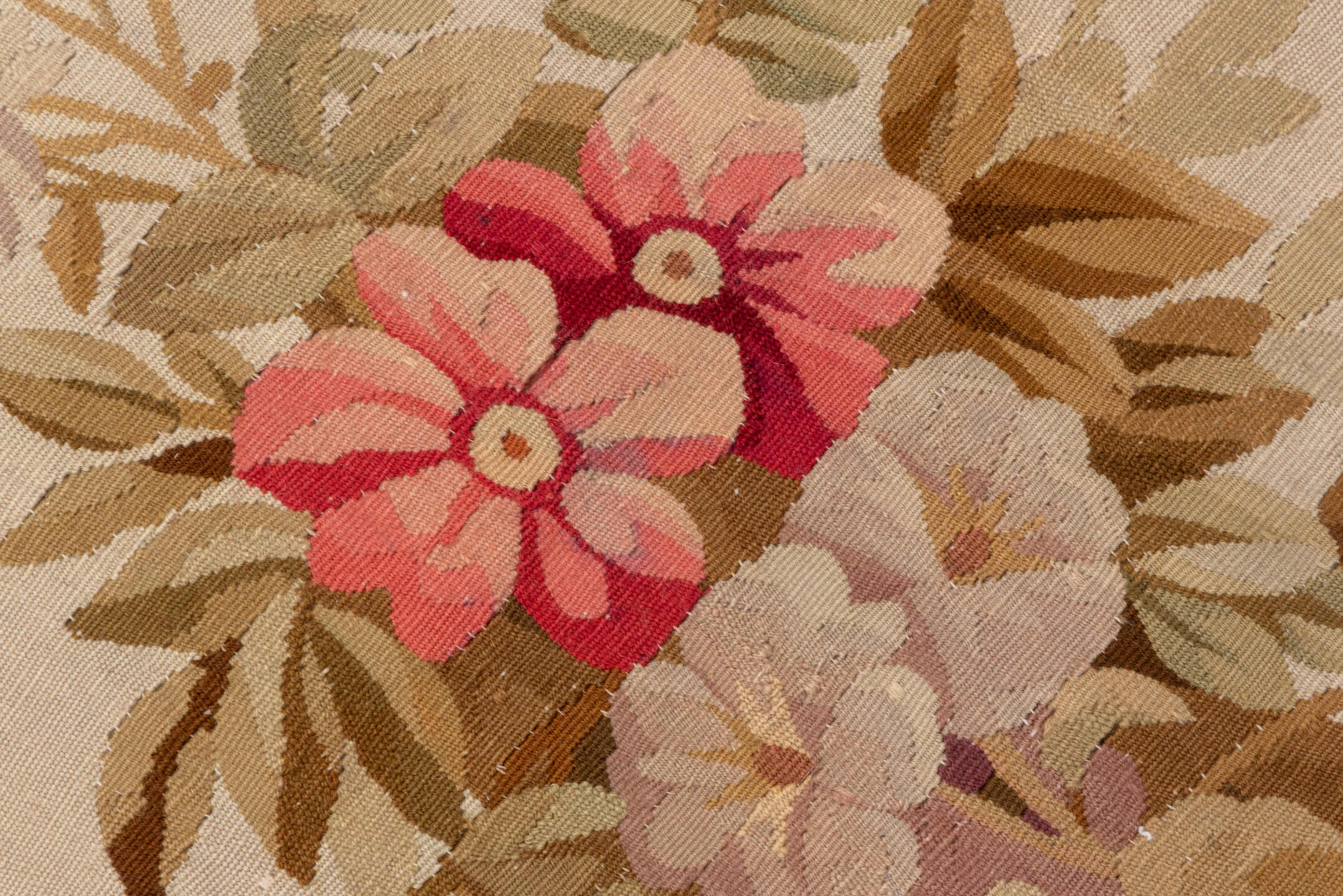 3' x 8' one-of-a-kind handmade antique Aubusson runner rug. Color palette: ivory, beige, taupe, camel, rose, sage, brown