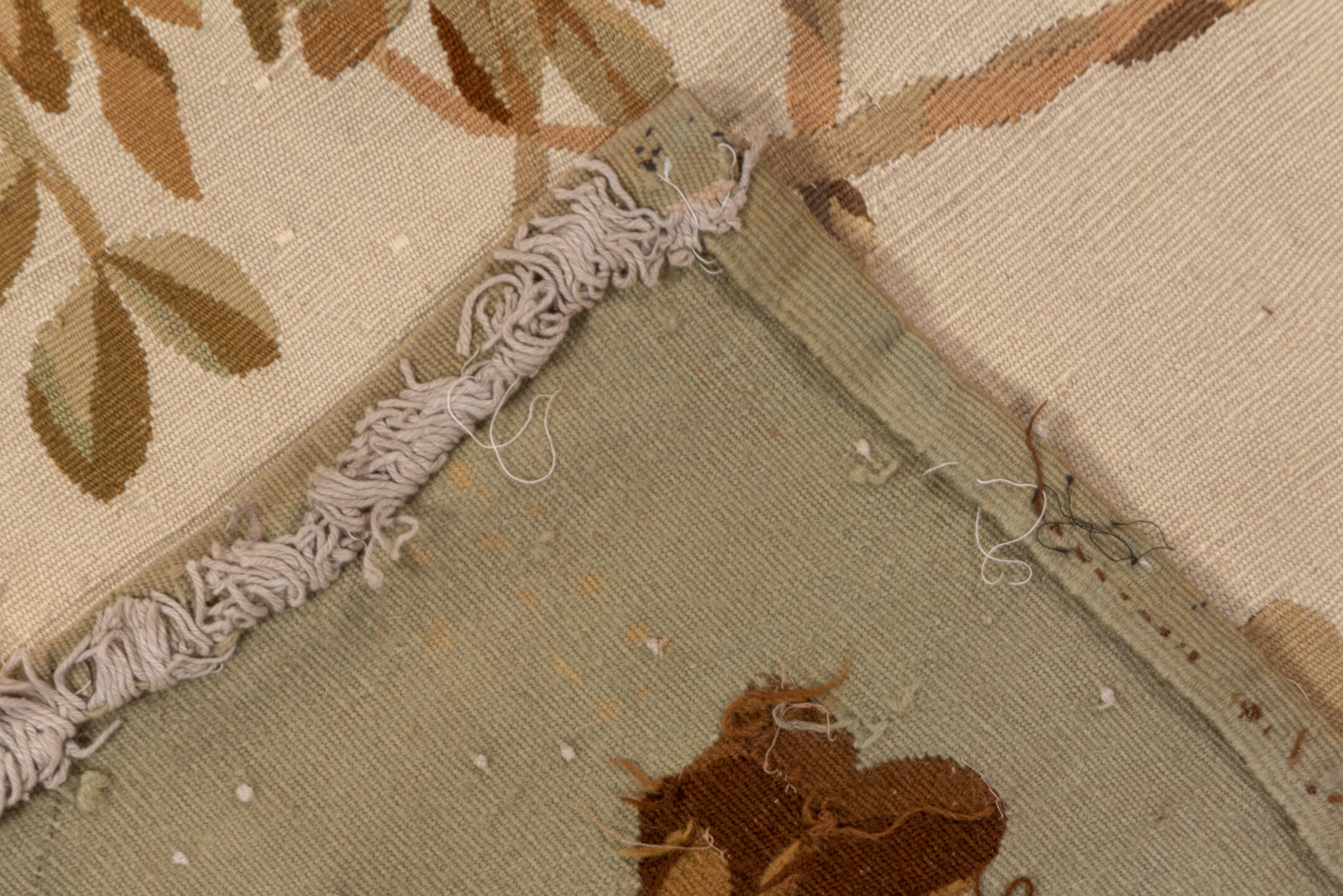 3' x 8' one-of-a-kind handmade vintage Aubusson runner rug. Color palette: brown, dark salmon, gray, light gray, off-white