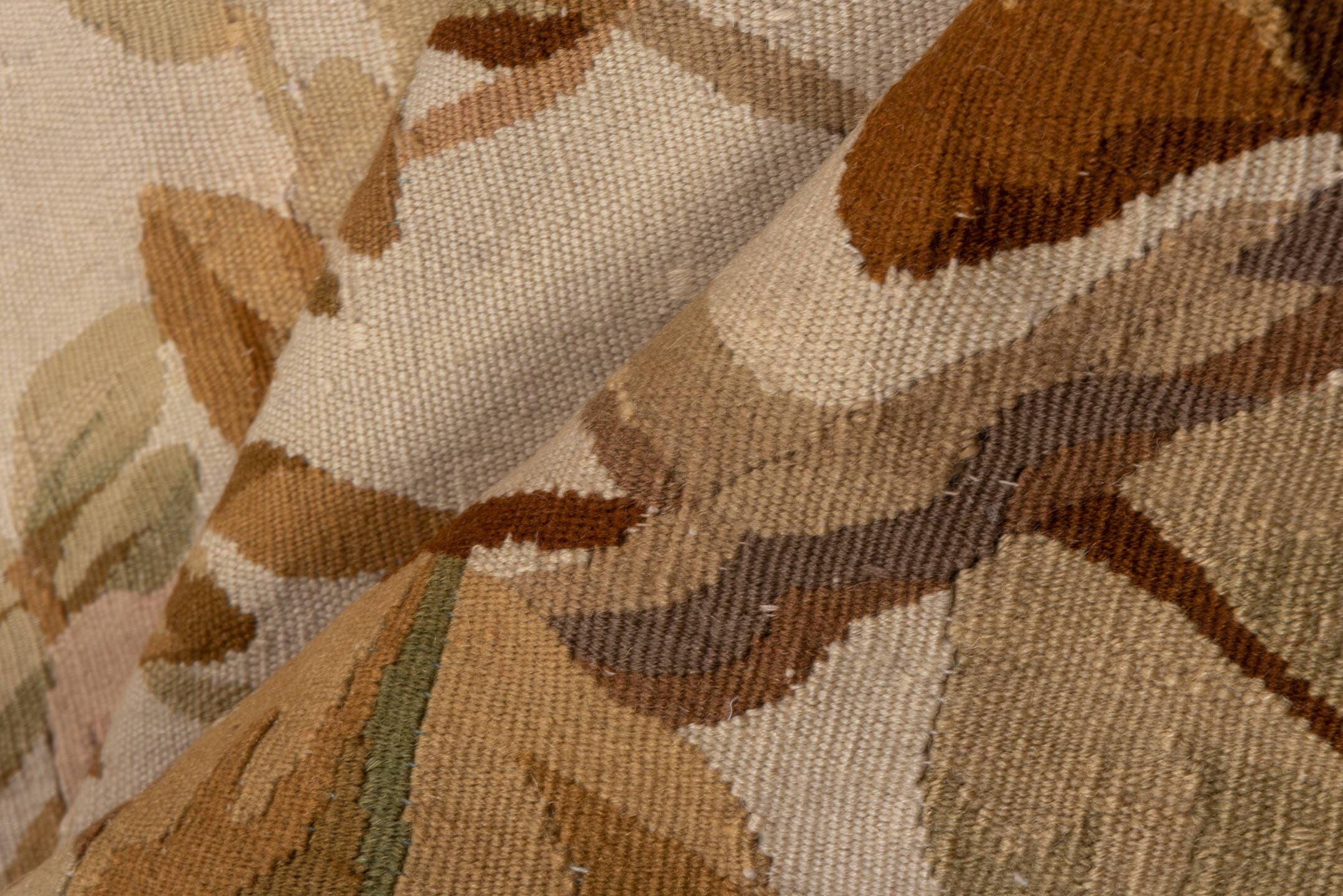 3' x 8' one-of-a-kind handmade antique Aubusson runner rug. Color palette: ivory, beige, taupe, camel, rose, sage, brown
