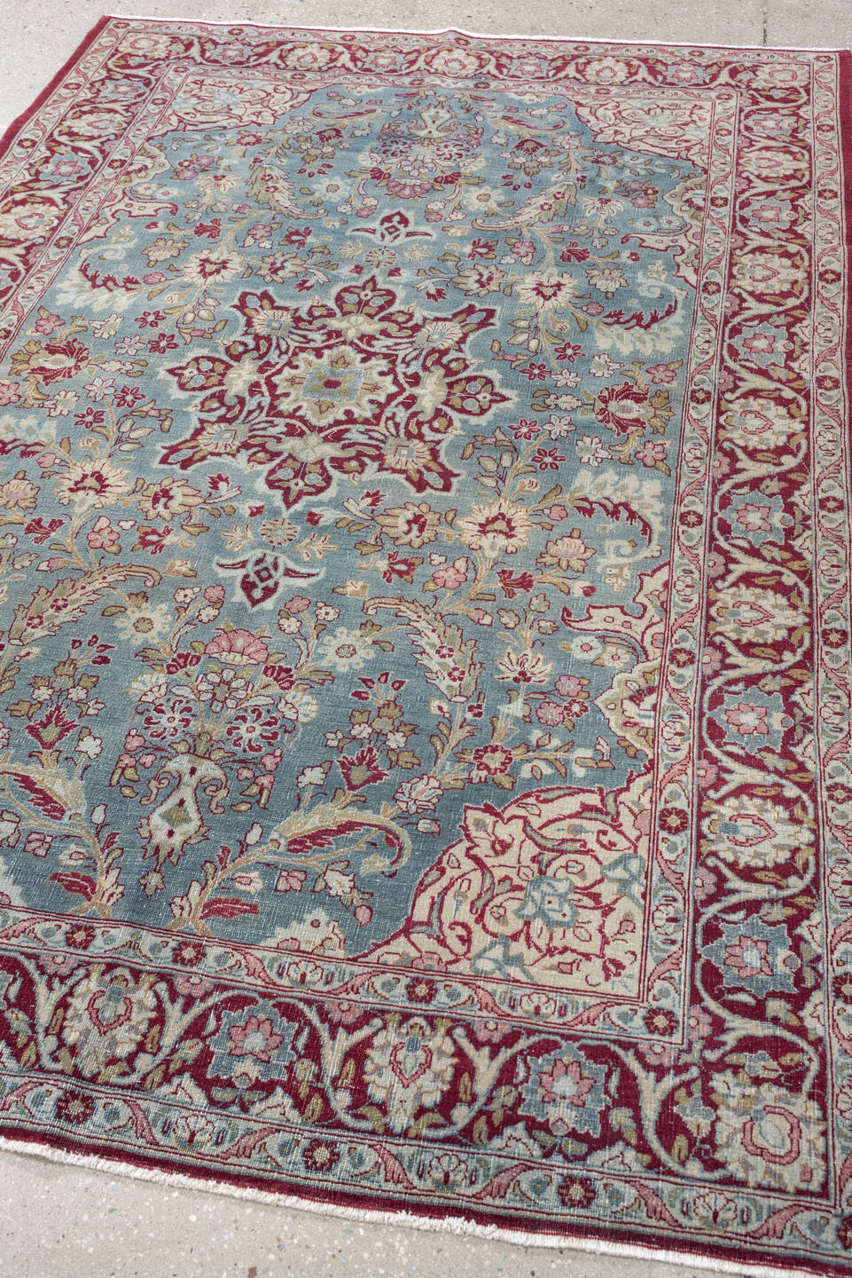 4' x 6' one-of-a-kind handmade antique Meshed rug. Color palette: sky blue, burgundy, ivory, rose, muted gold, dusty pink