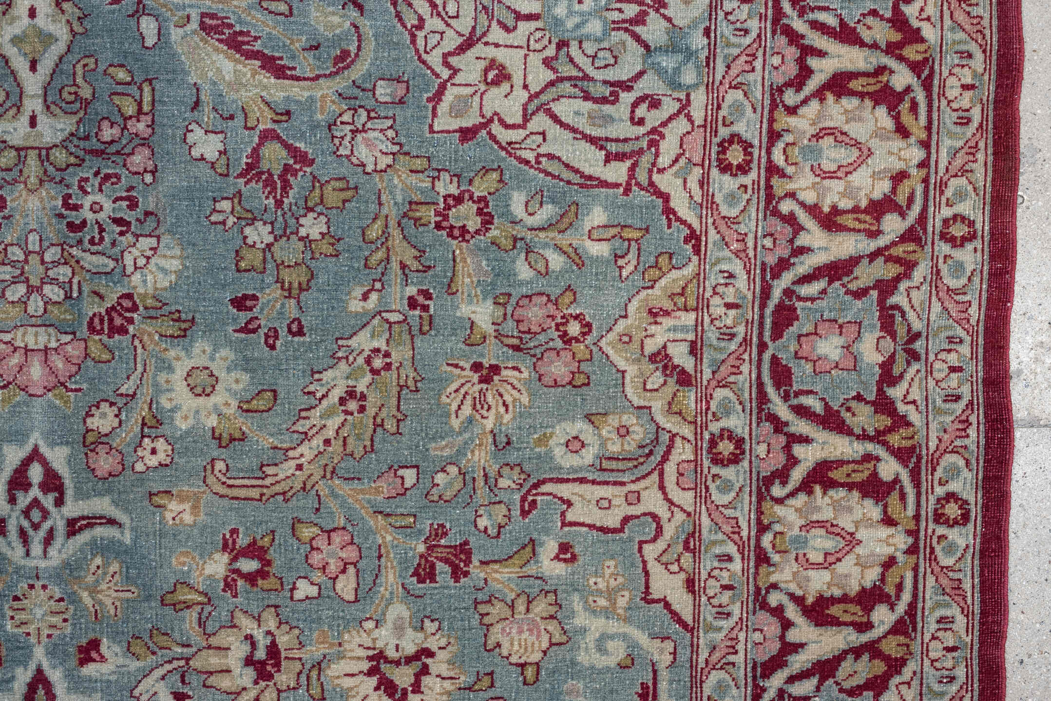 4' x 6' one-of-a-kind handmade antique Meshed rug. Color palette: sky blue, burgundy, ivory, rose, muted gold, dusty pink