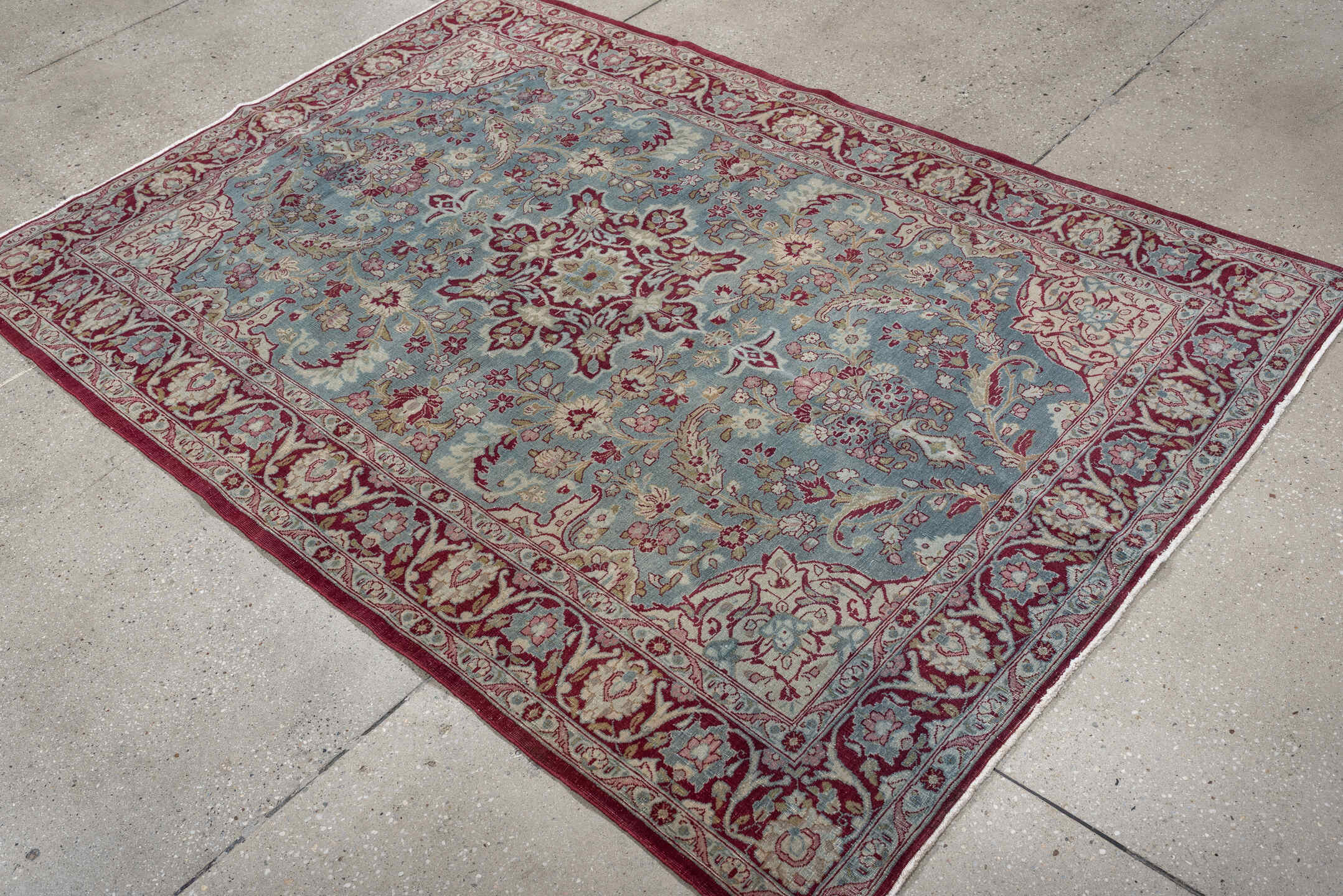 4' x 6' one-of-a-kind handmade antique Meshed rug. Color palette: sky blue, burgundy, ivory, rose, muted gold, dusty pink