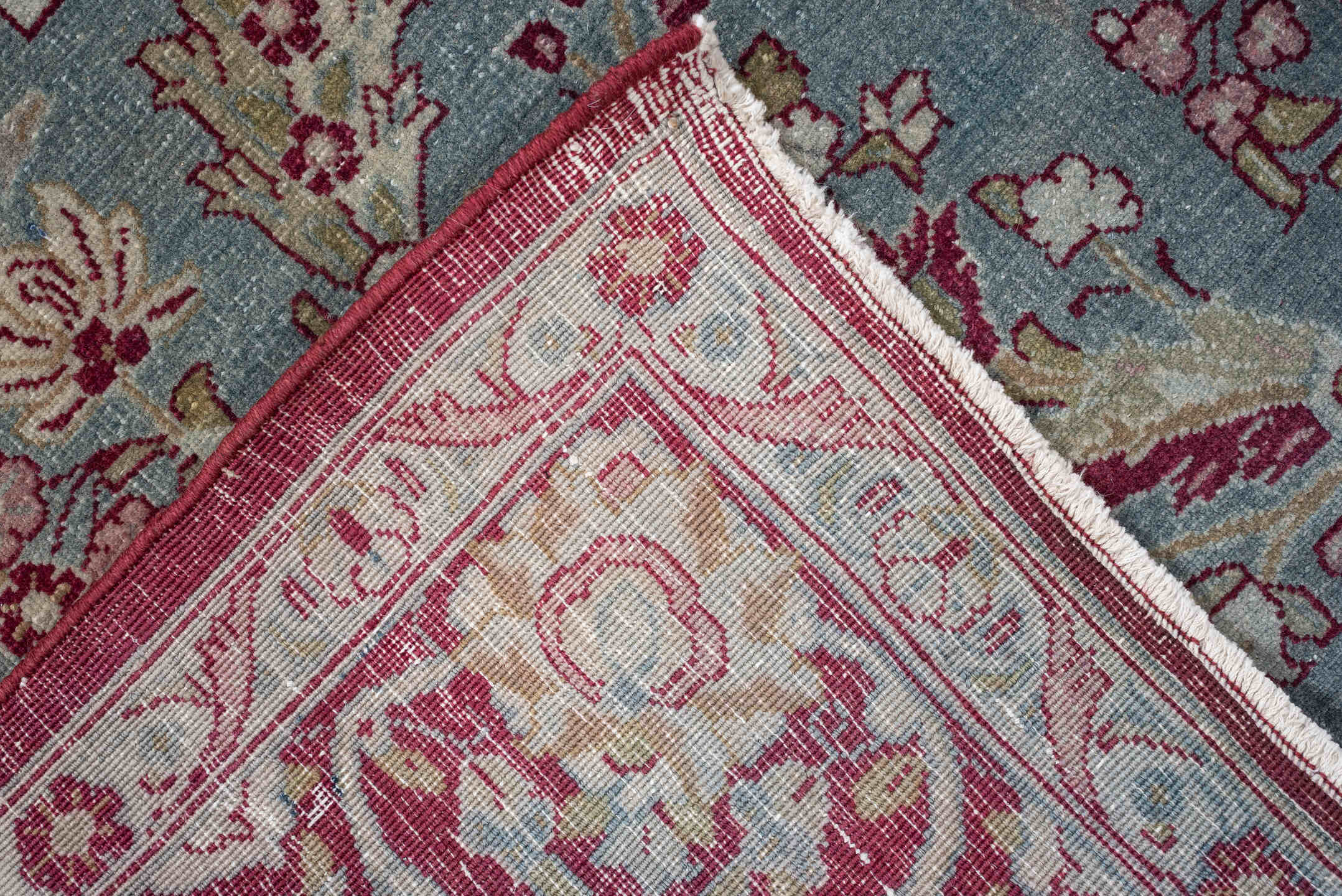 4' x 6' one-of-a-kind handmade antique Meshed rug. Color palette: sky blue, burgundy, ivory, rose, muted gold, dusty pink