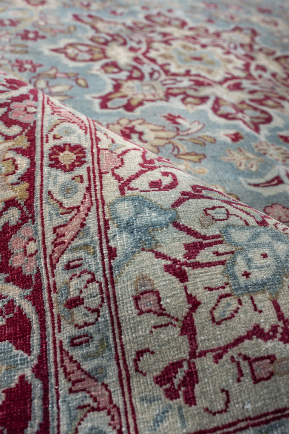 4' x 6' one-of-a-kind handmade antique Meshed rug. Color palette: sky blue, burgundy, ivory, rose, muted gold, dusty pink