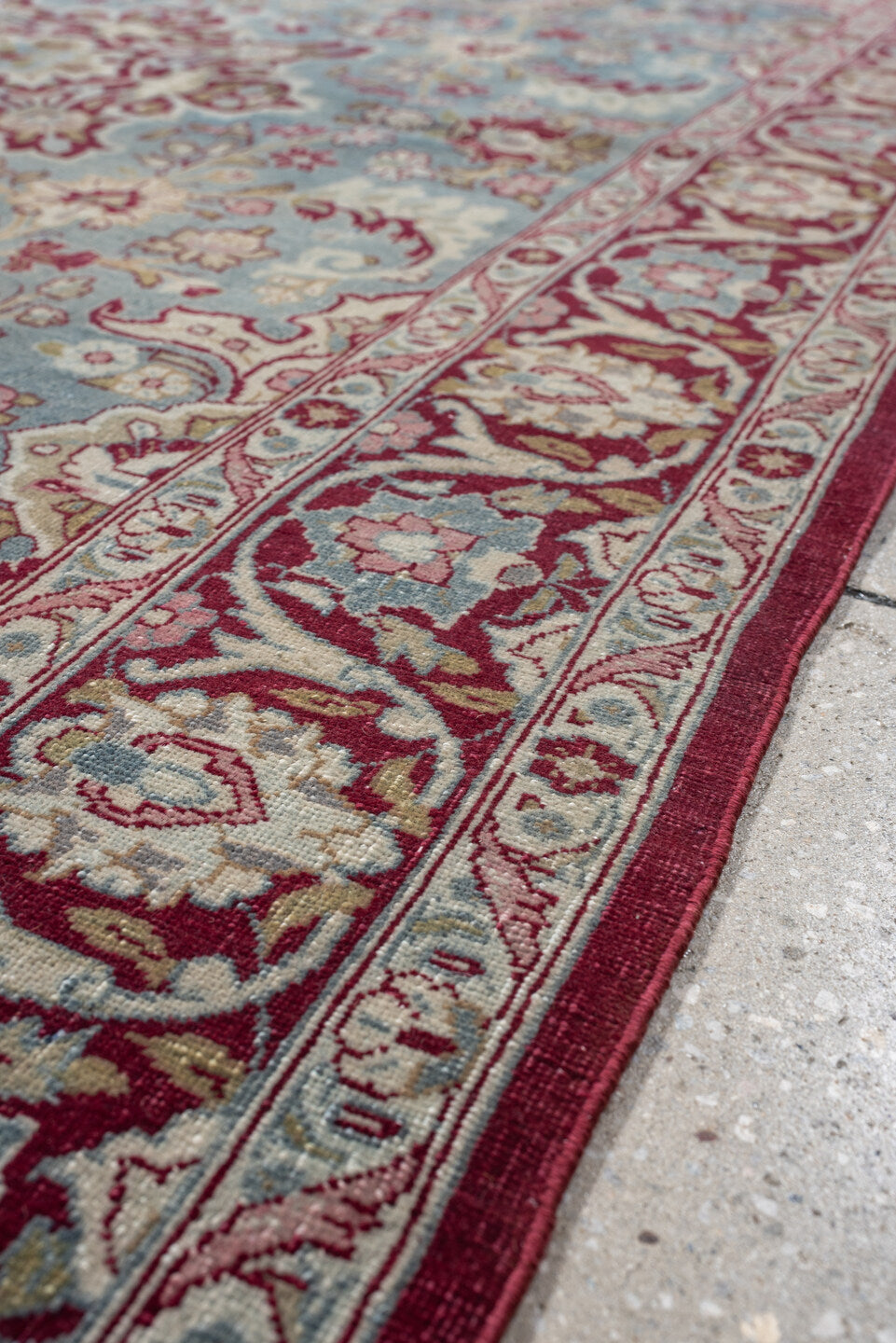 4' x 6' one-of-a-kind handmade antique Meshed rug. Color palette: sky blue, burgundy, ivory, rose, muted gold, dusty pink