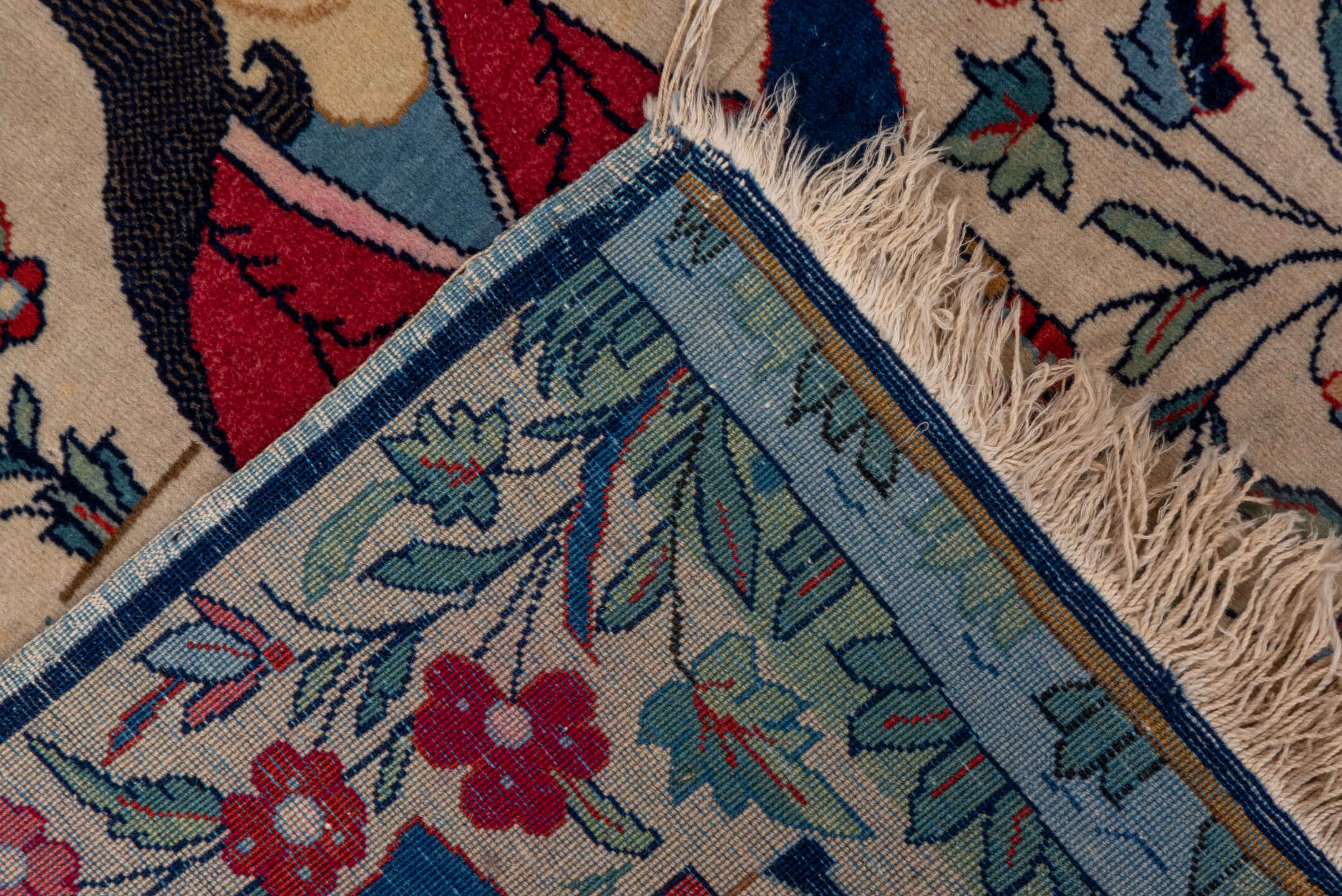 2' x 3' one-of-a-kind handmade antique Kashan small size rug. Color palette: ivory, blue, red, sky_blue, sage, brown, navy