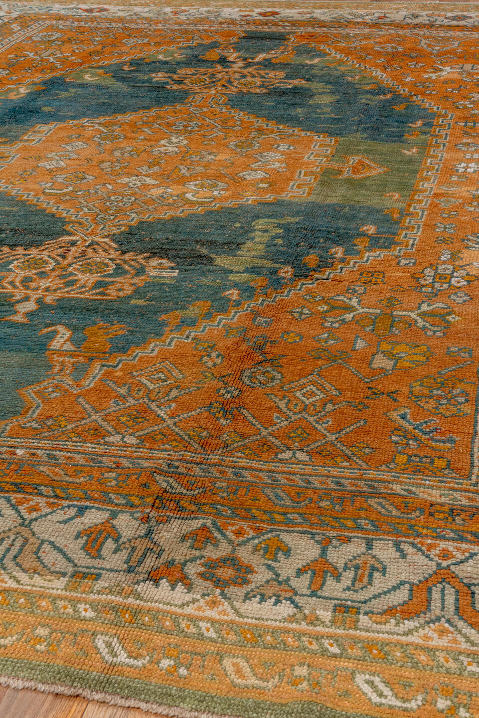 10' x 13' one-of-a-kind handmade antique Oushak large size rug. Color palette: terra cotta, ivory, teal, rust, sage, gold