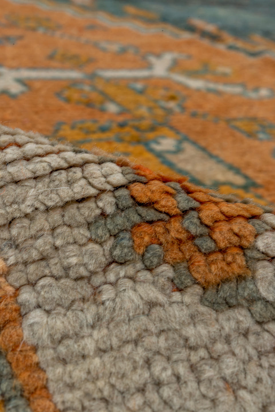 10' x 13' one-of-a-kind handmade antique Oushak large size rug. Color palette: terra cotta, ivory, teal, rust, sage, gold