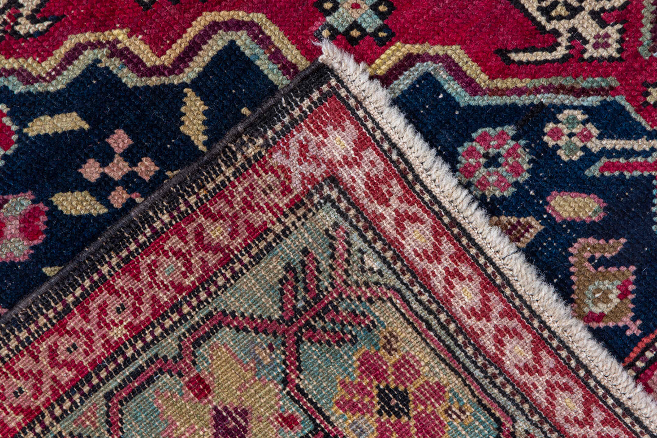 3' x 9' one-of-a-kind handmade antique Karabagh runner rug. Color palette: navy, crimson, ivory, gold, rose, taupe, burgundy