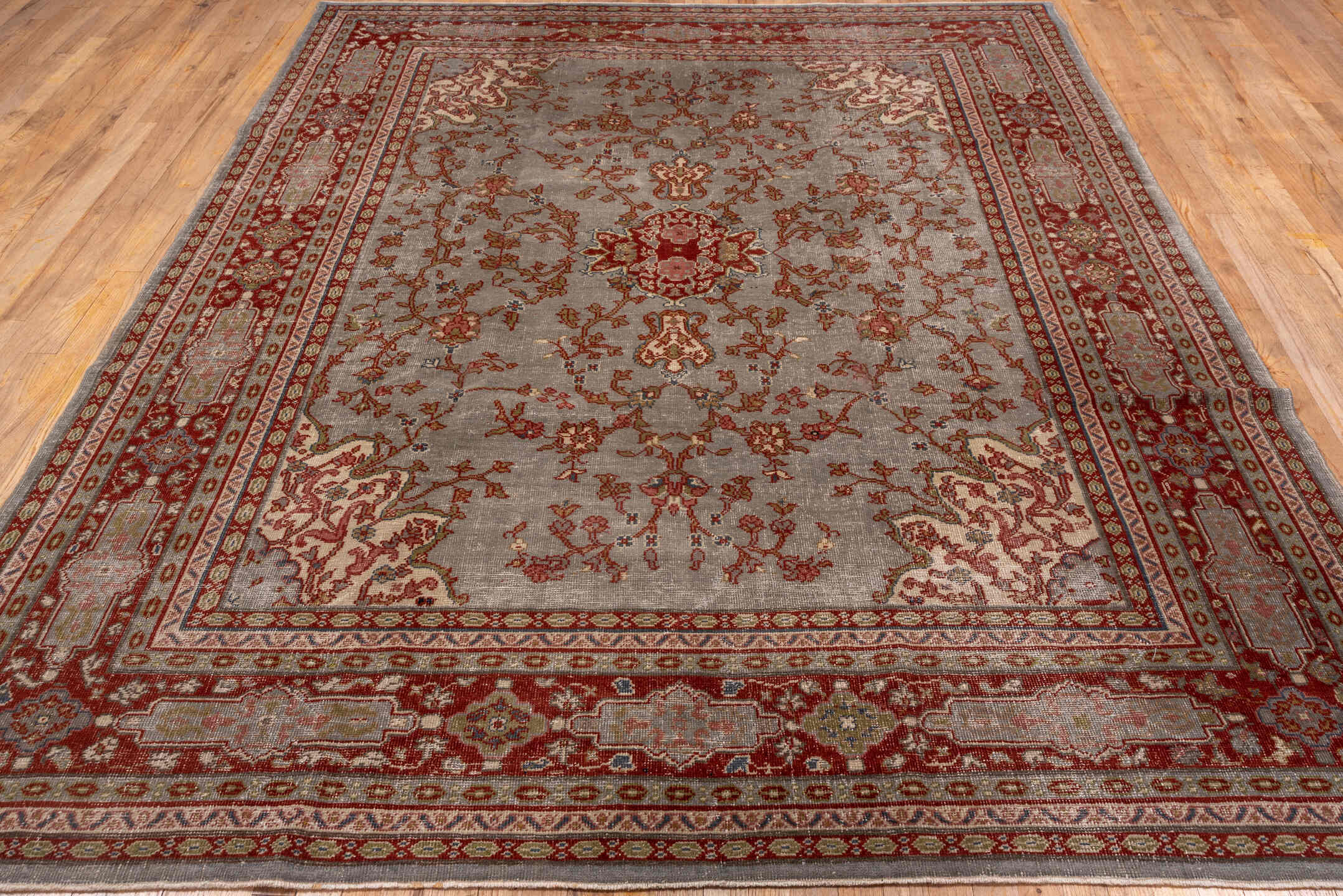 7' x 10' one-of-a-kind handmade antique Oushak large size rug. Color palette: taupe, rust, ivory, sage, gold, slate, rose