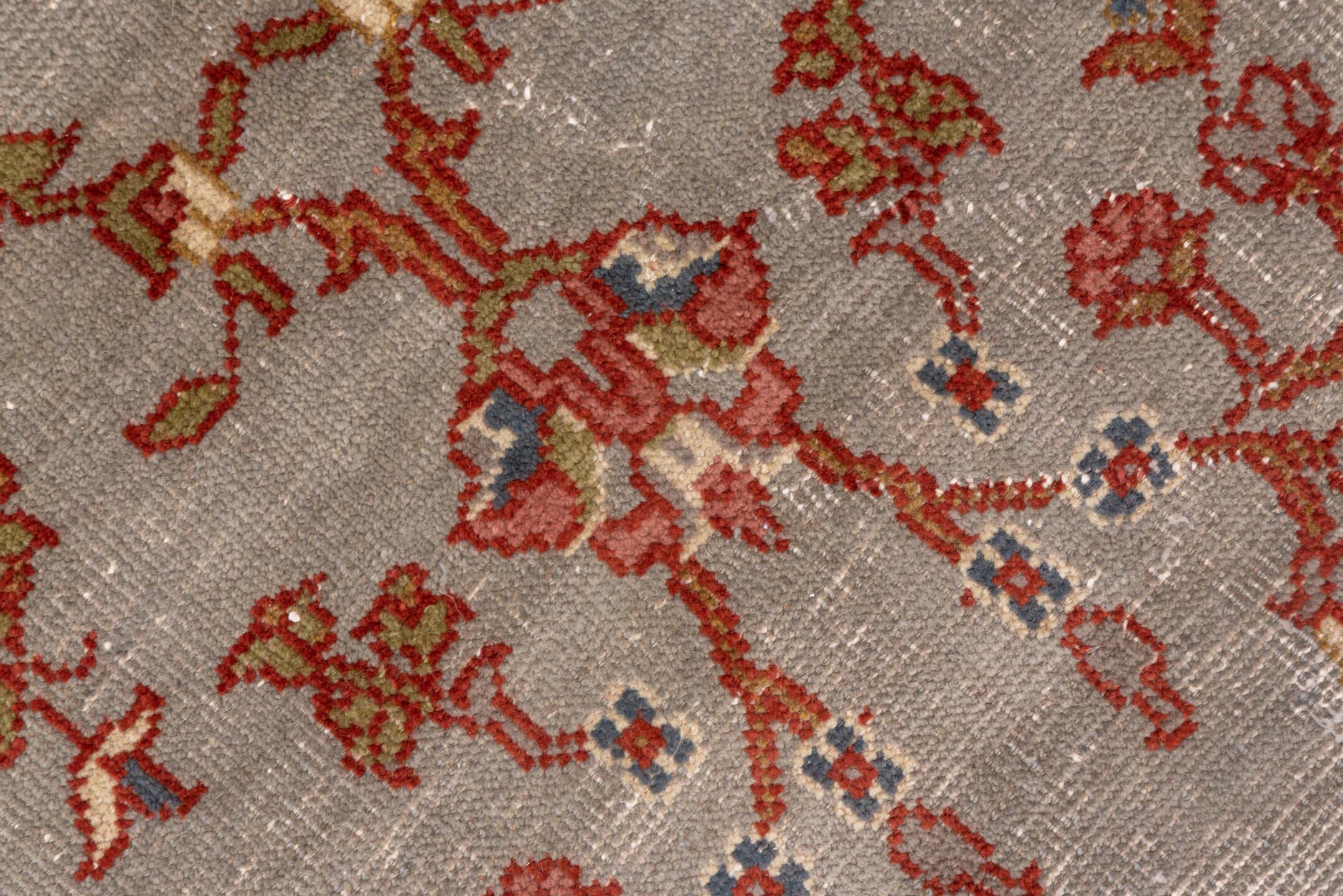 7' x 10' one-of-a-kind handmade antique Oushak large size rug. Color palette: taupe, rust, ivory, sage, gold, slate, rose