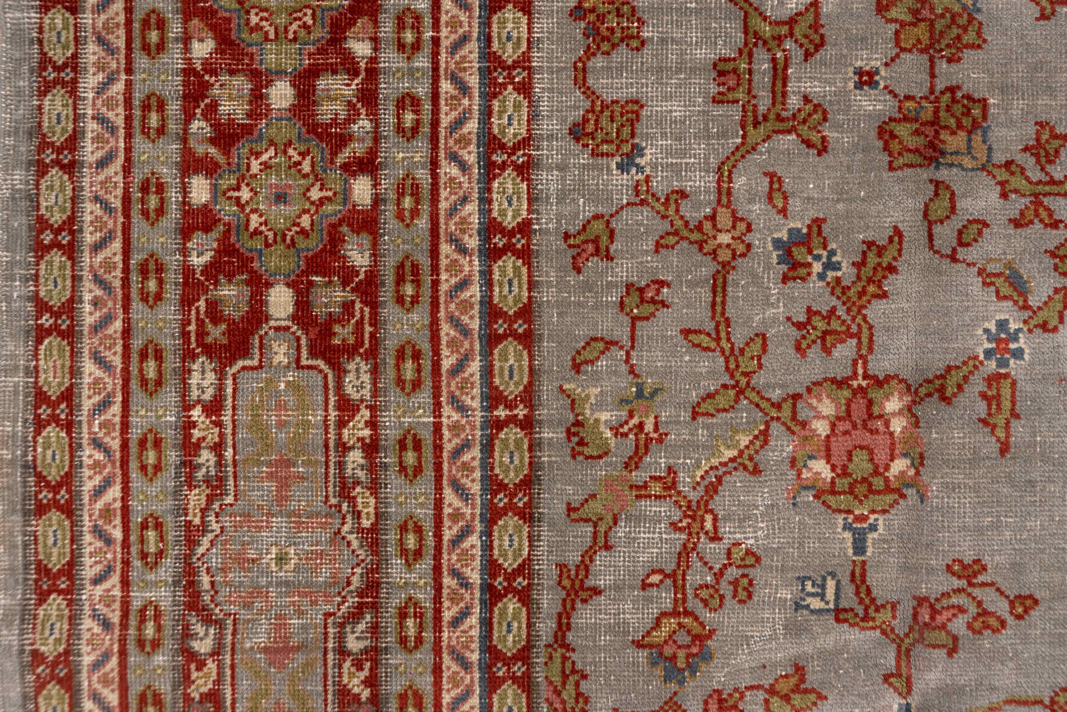 7' x 10' one-of-a-kind handmade antique Oushak large size rug. Color palette: taupe, rust, ivory, sage, gold, slate, rose