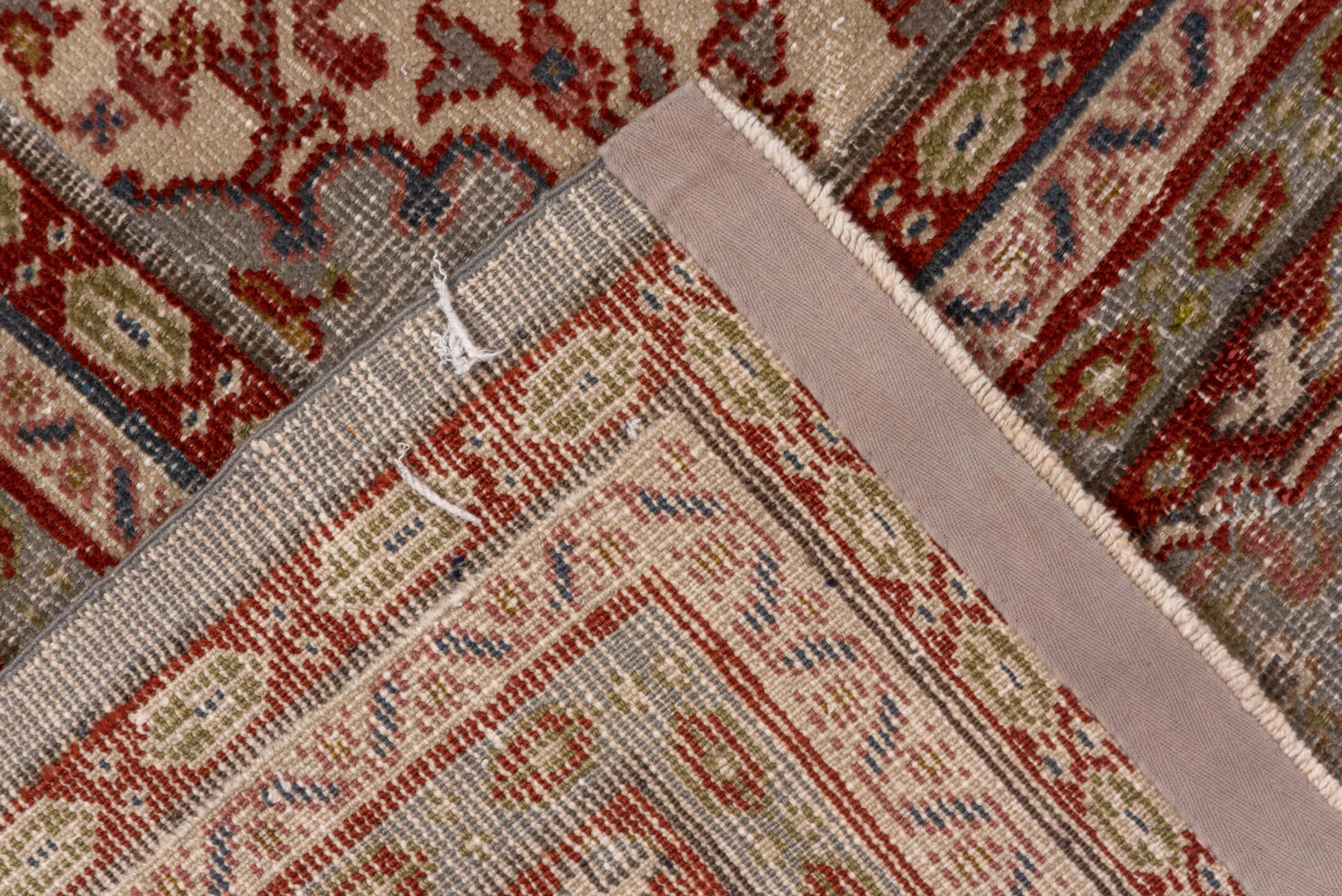 7' x 10' one-of-a-kind handmade antique Oushak large size rug. Color palette: taupe, rust, ivory, sage, gold, slate, rose