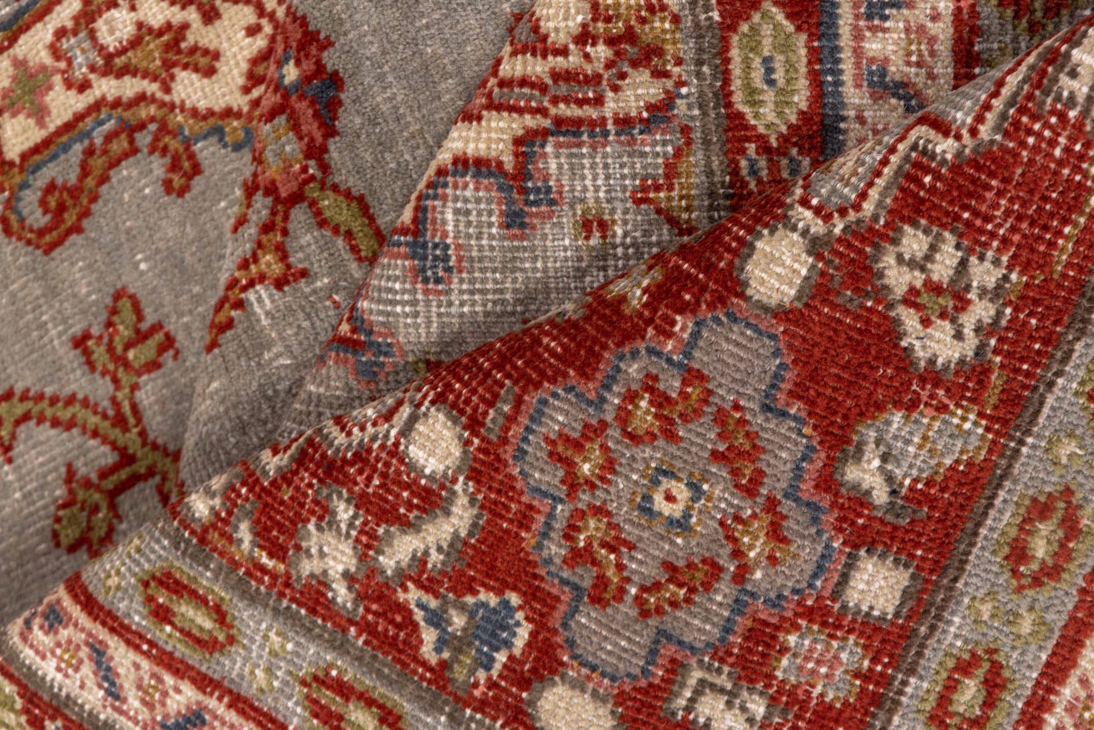 7' x 10' one-of-a-kind handmade antique Oushak large size rug. Color palette: taupe, rust, ivory, sage, gold, slate, rose