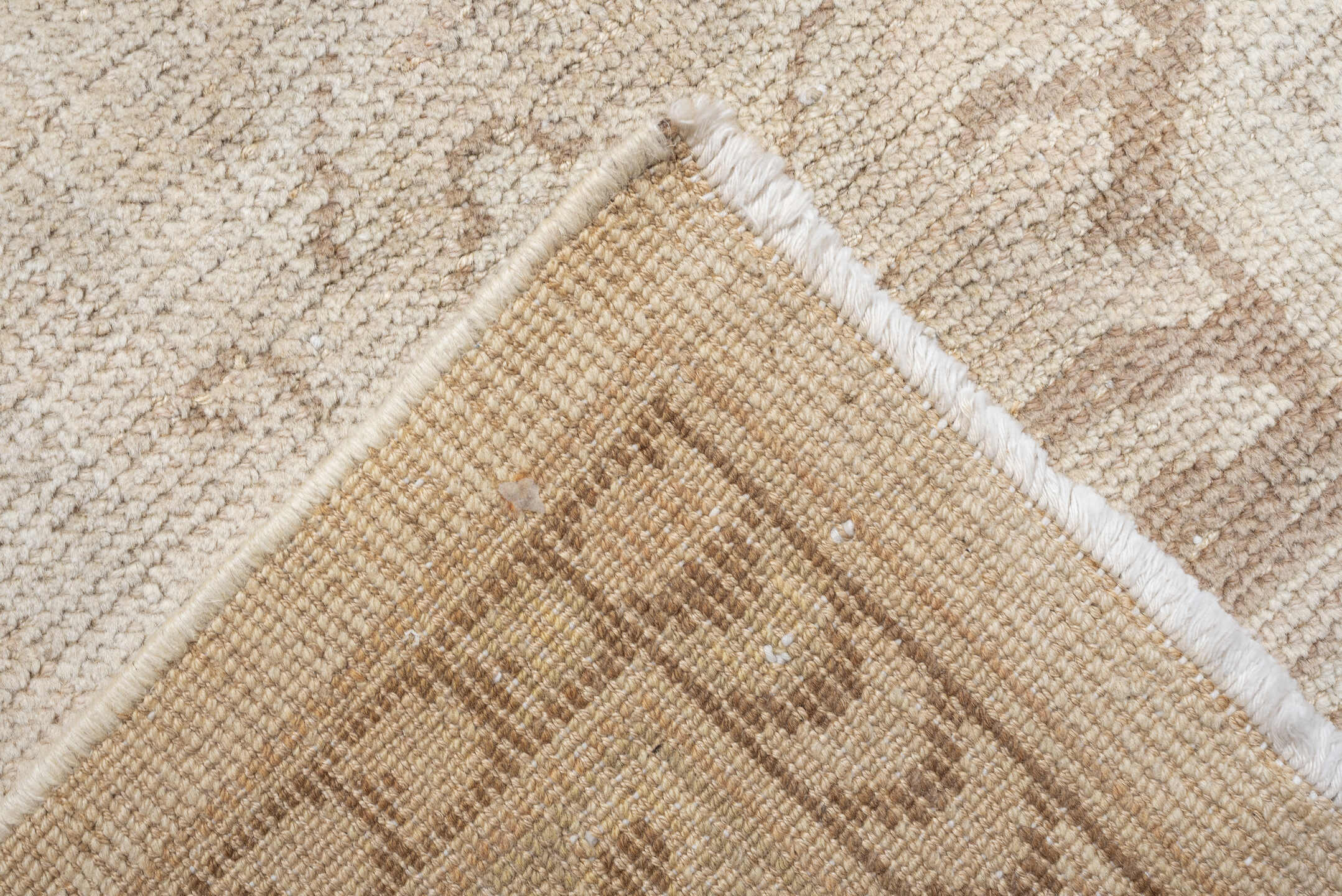14' x 17' one-of-a-kind handmade antique Oushak oversize rug. Color palette: ivory, taupe, camel, brown, pale blue, beige