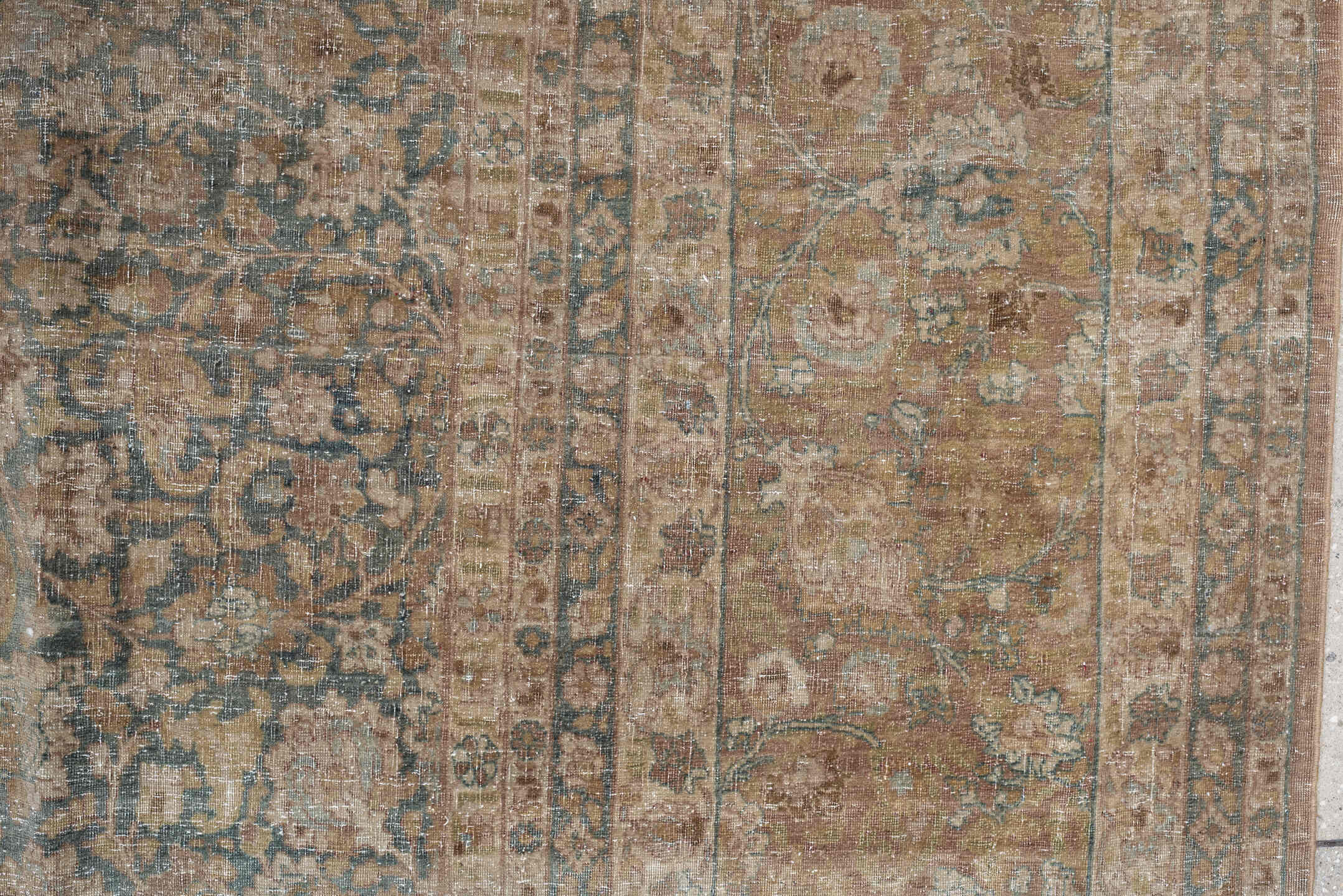 11' x 16' one-of-a-kind handmade antique Tabriz oversize rug. Color palette: taupe, faded blue, beige, ivory, camel, slate