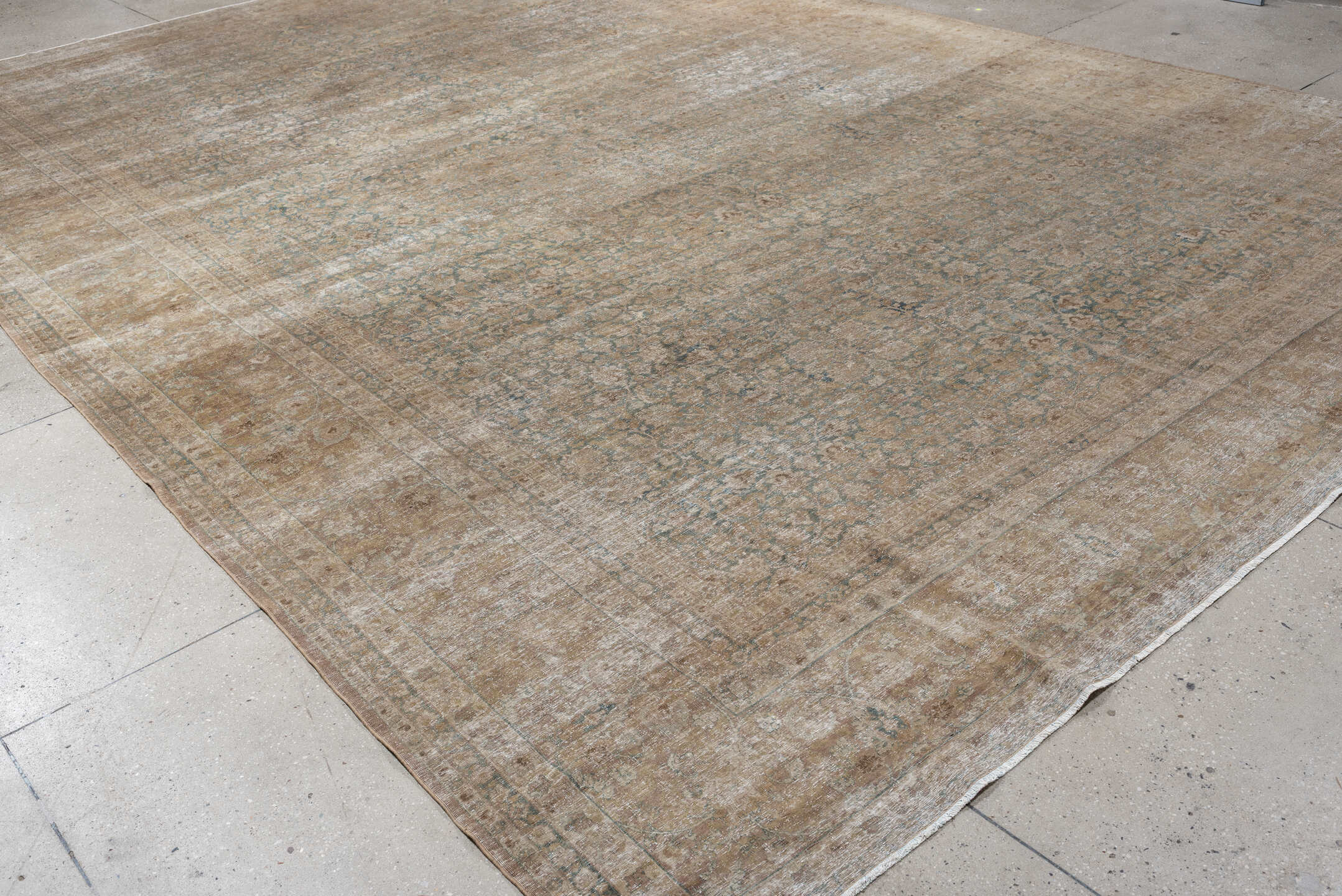 11' x 16' one-of-a-kind handmade antique Tabriz oversize rug. Color palette: taupe, faded blue, beige, ivory, camel, slate