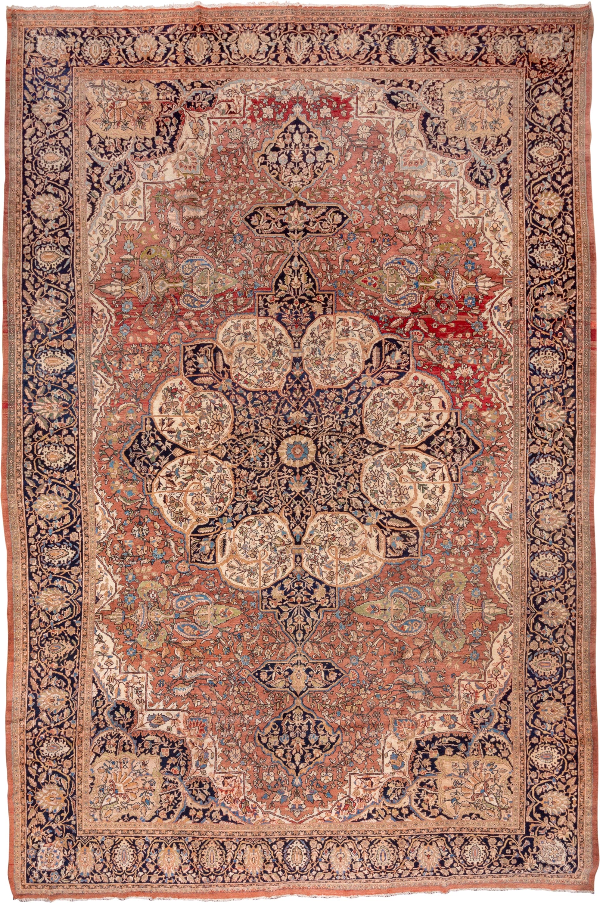 12' x 19' one-of-a-kind handmade antique Far.Sarouk oversize rug. Color palette: terra cotta, navy, ivory, beige, rust