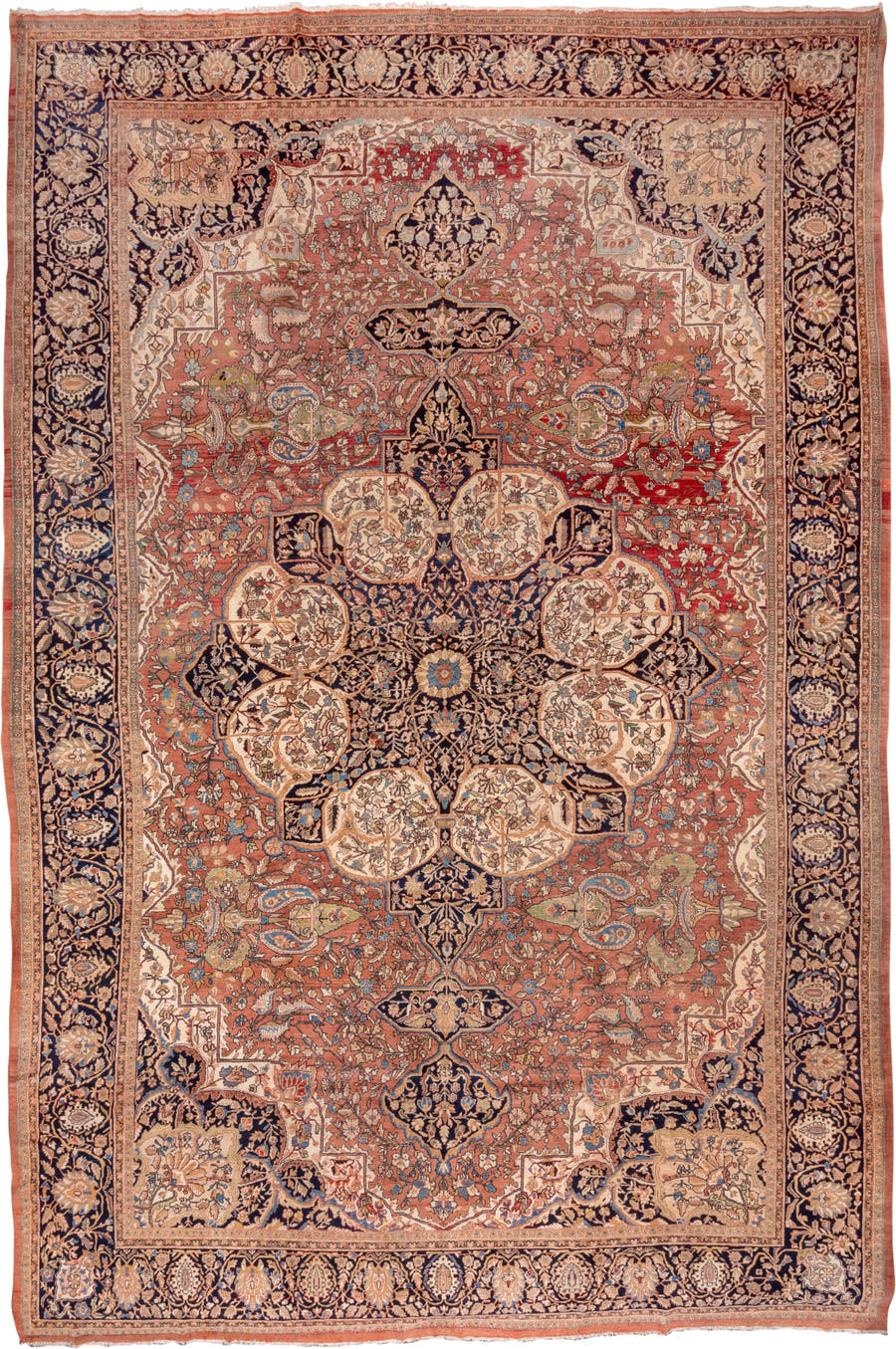 12' x 19' one-of-a-kind handmade antique Far.Sarouk oversize rug. Color palette: terra cotta, navy, ivory, beige, rust