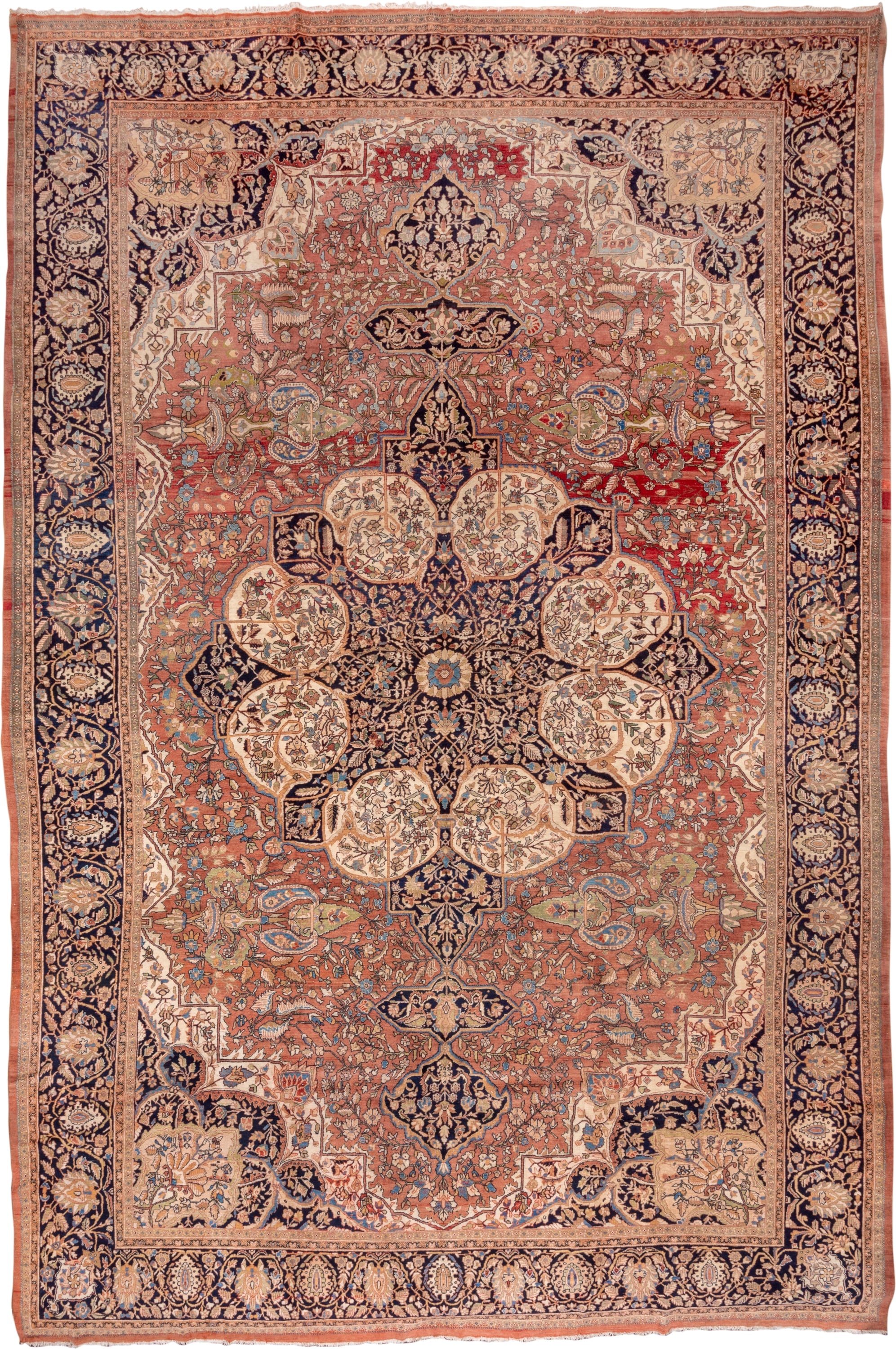 12' x 19' one-of-a-kind handmade antique Far.Sarouk oversize rug. Color palette: terra cotta, navy, ivory, beige, rust