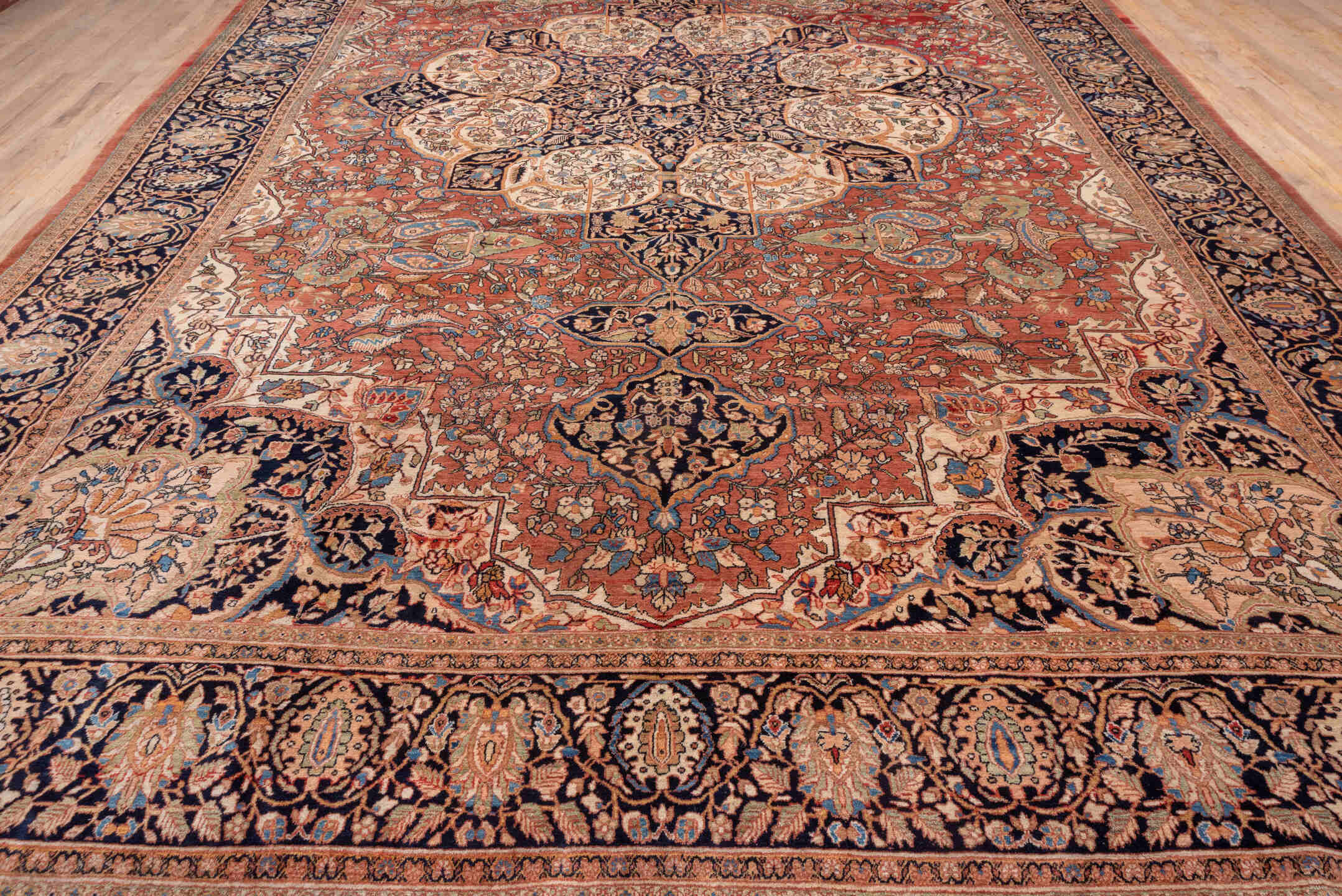 12' x 19' one-of-a-kind handmade antique Far.Sarouk oversize rug. Color palette: terra cotta, navy, ivory, beige, rust