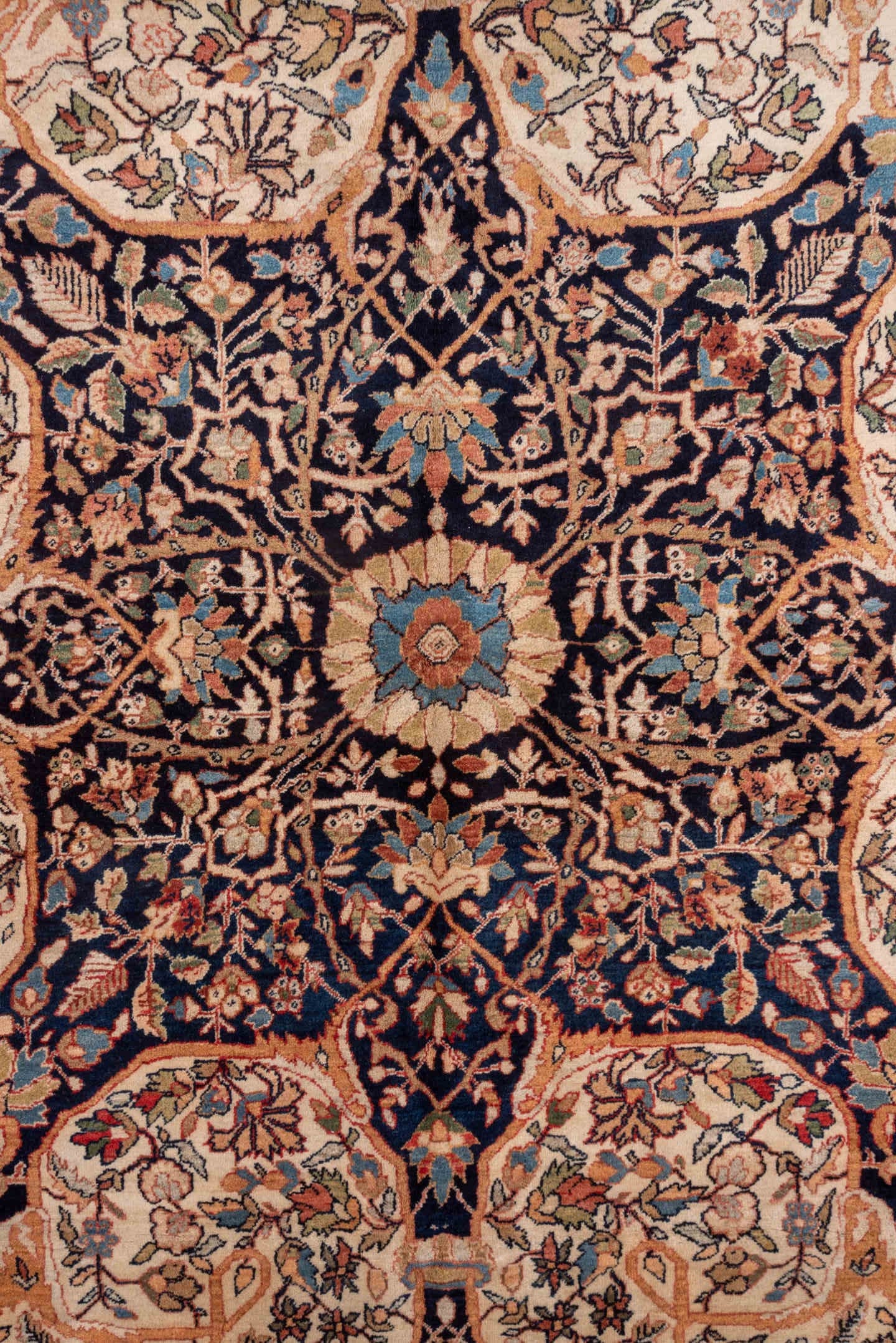 12' x 19' one-of-a-kind handmade antique Far.Sarouk oversize rug. Color palette: terra cotta, navy, ivory, beige, rust