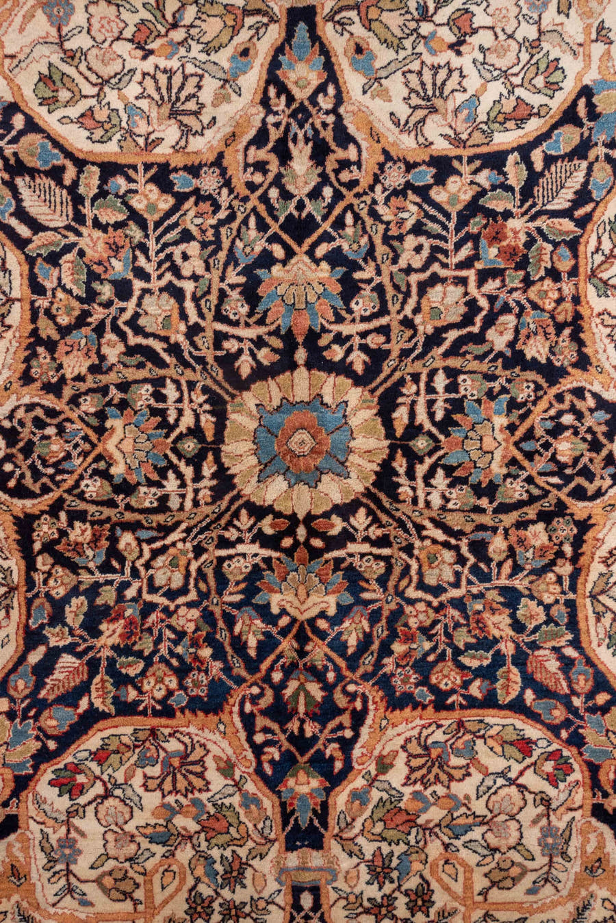 12' x 19' one-of-a-kind handmade antique Far.Sarouk oversize rug. Color palette: terra cotta, navy, ivory, beige, rust