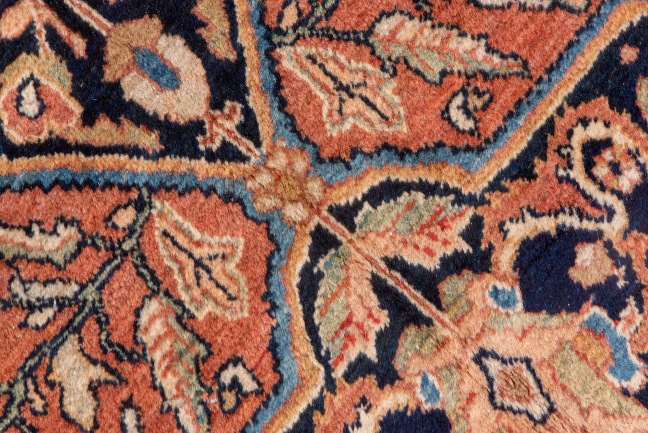 12' x 19' one-of-a-kind handmade antique Far.Sarouk oversize rug. Color palette: terra cotta, navy, ivory, beige, rust