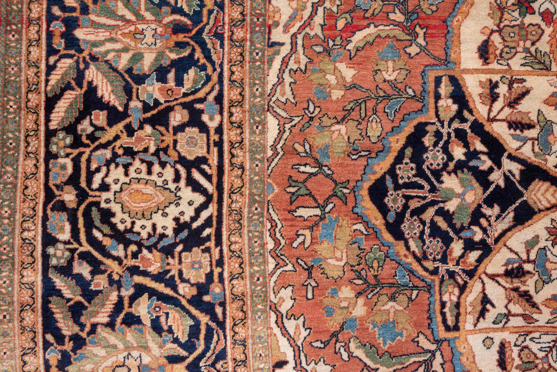 12' x 19' one-of-a-kind handmade antique Far.Sarouk oversize rug. Color palette: terra cotta, navy, ivory, beige, rust