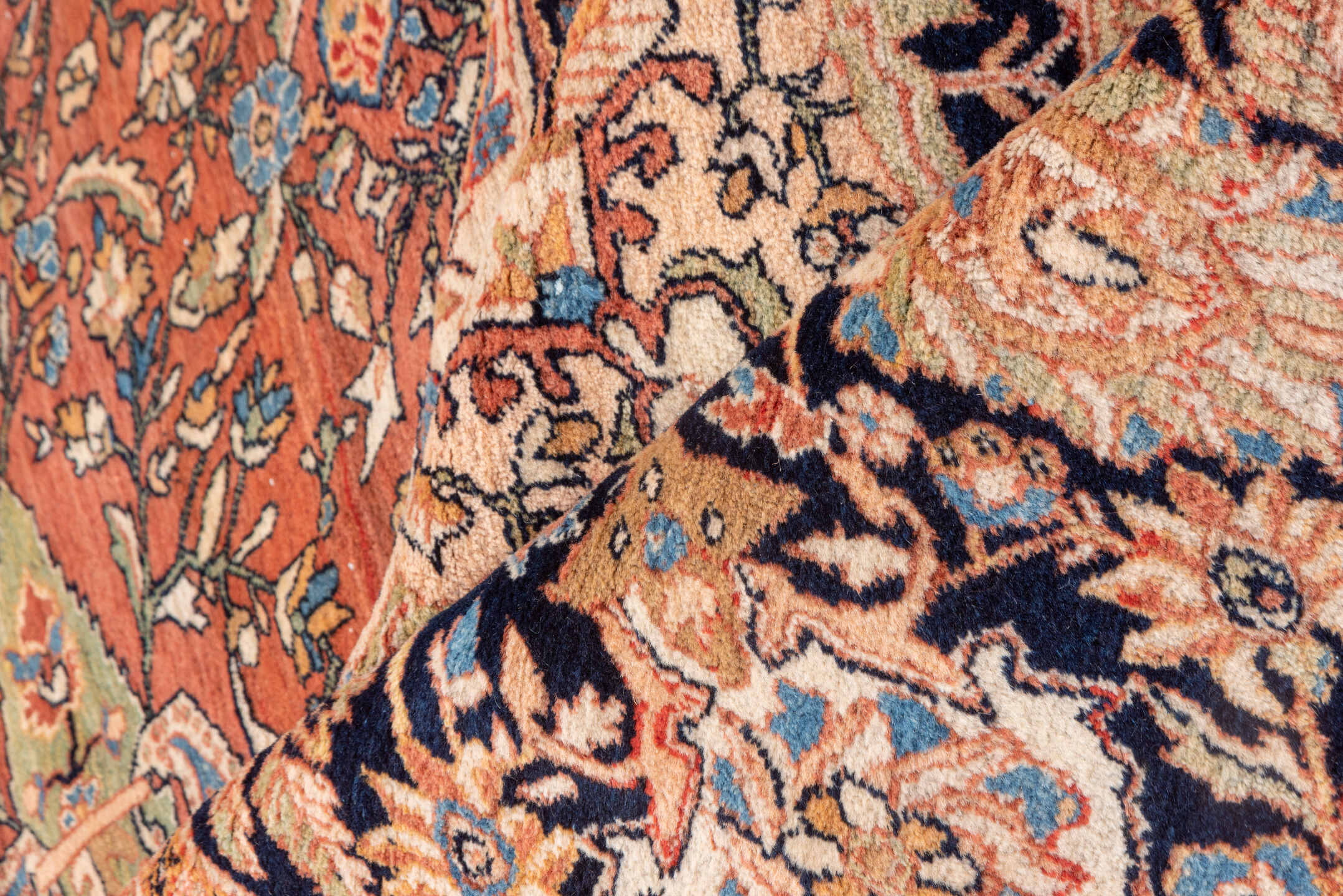 12' x 19' one-of-a-kind handmade antique Far.Sarouk oversize rug. Color palette: terra cotta, navy, ivory, beige, rust