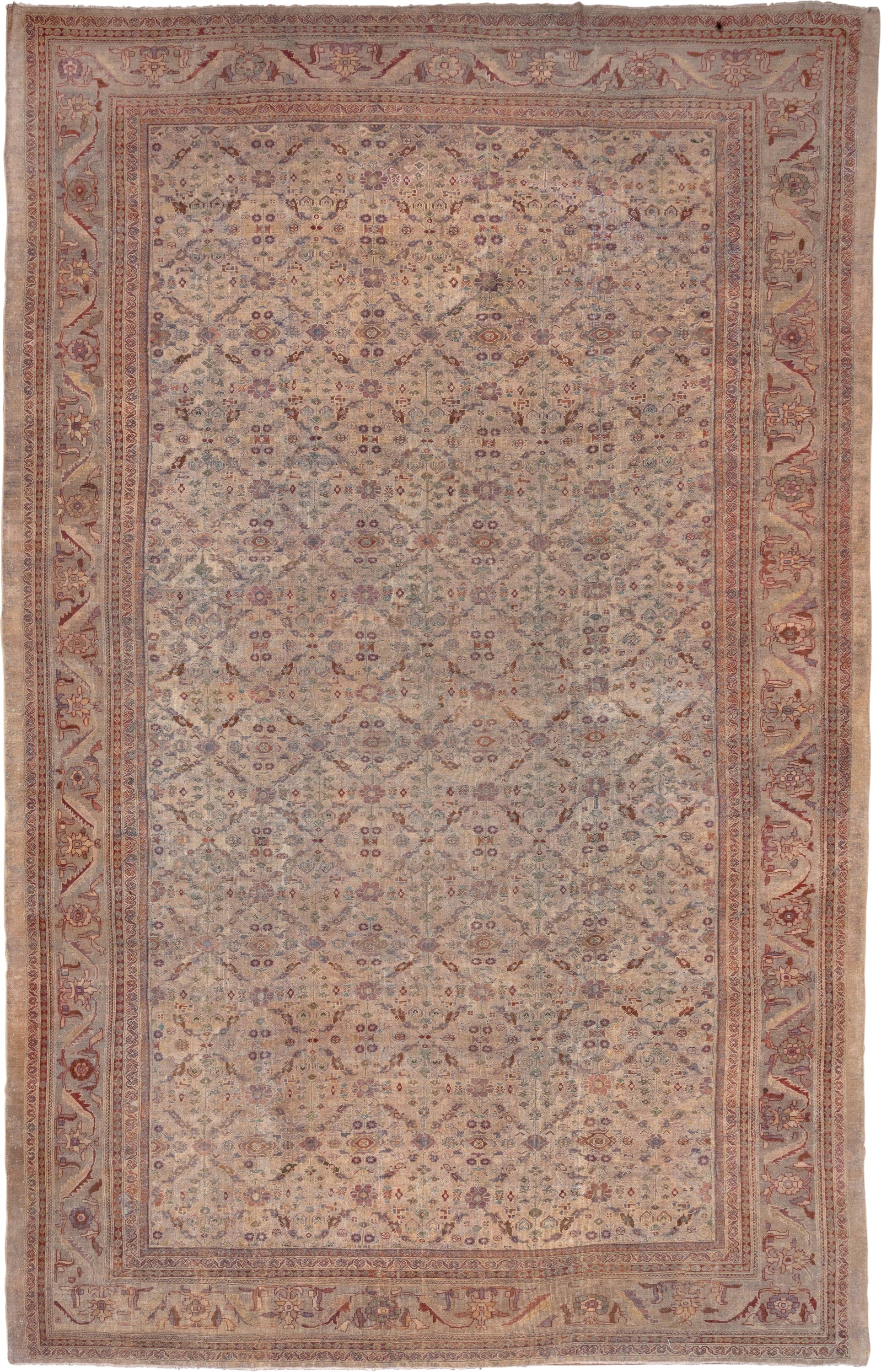 13' x 20' one-of-a-kind handmade antique Sultanabad oversize rug. Color palette: ivory, rose, taupe, dusty blue, sage