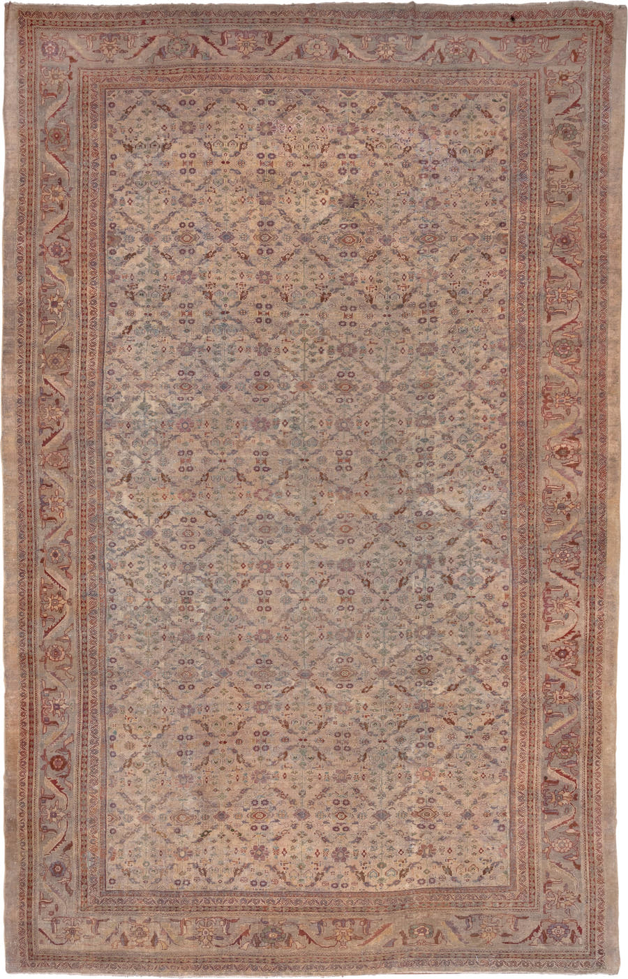 13' x 20' one-of-a-kind handmade antique Sultanabad oversize rug. Color palette: ivory, rose, taupe, dusty blue, sage