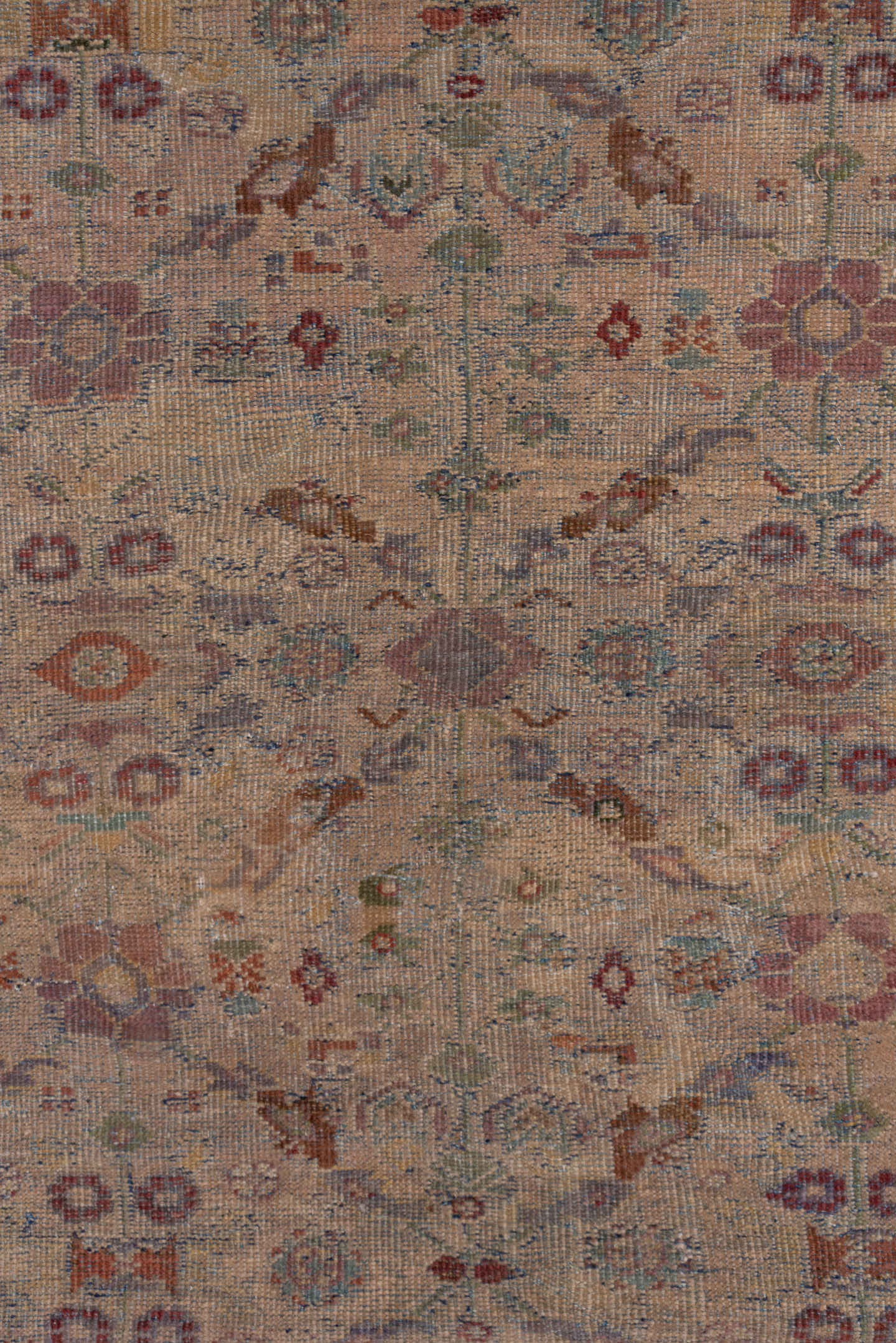 13' x 20' one-of-a-kind handmade antique Sultanabad oversize rug. Color palette: ivory, rose, taupe, dusty blue, sage