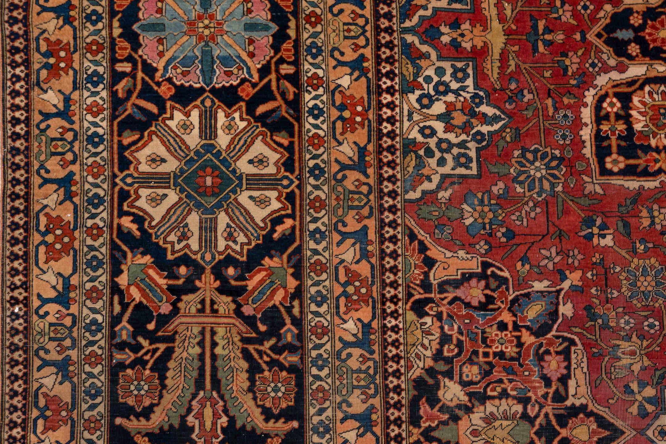 10' x 13' one-of-a-kind handmade antique Mohtasham Kashan large size rug. Color palette: rust, navy, ivory, soft blue, rose