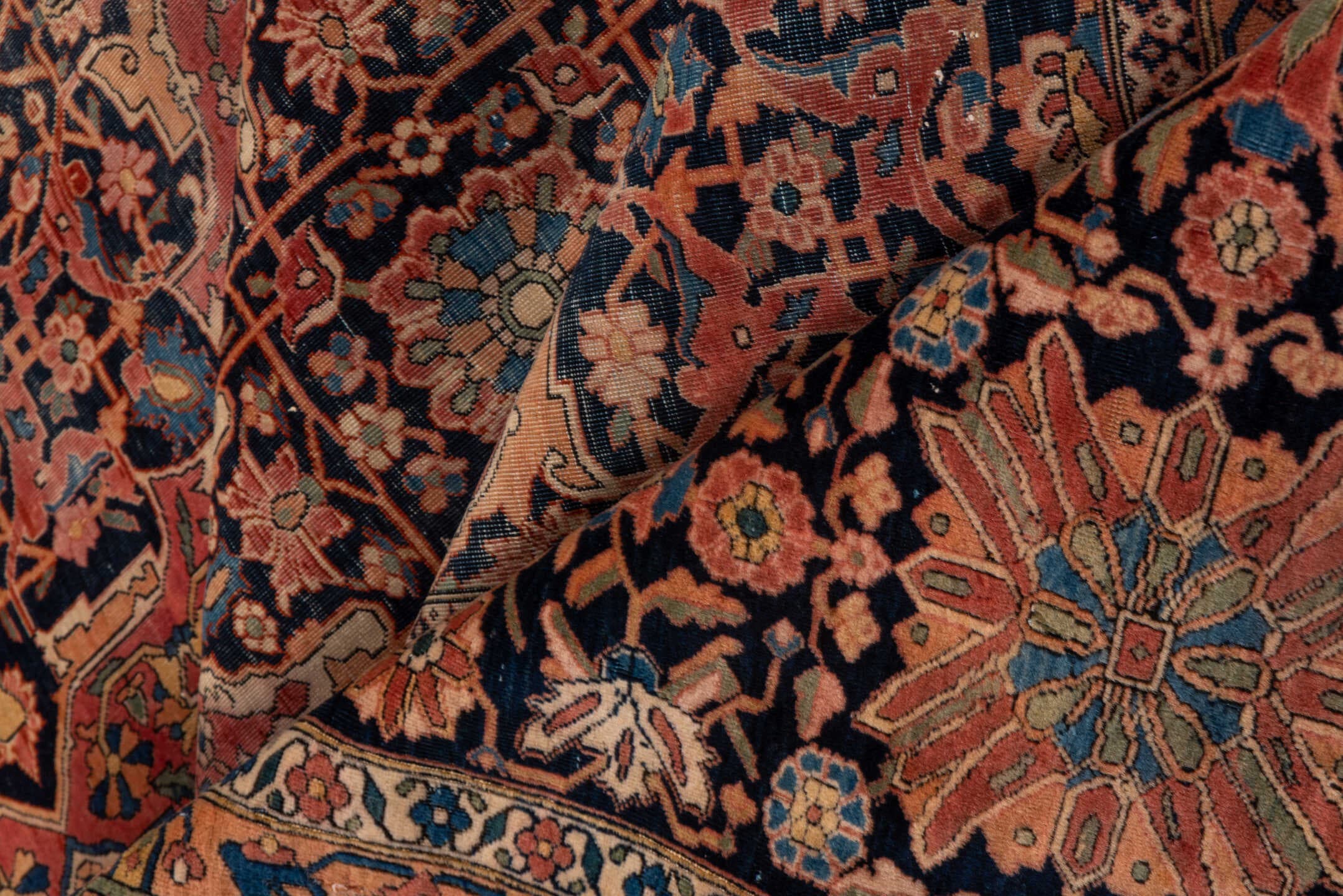 10' x 13' one-of-a-kind handmade antique Mohtasham Kashan large size rug. Color palette: rust, navy, ivory, soft blue, rose