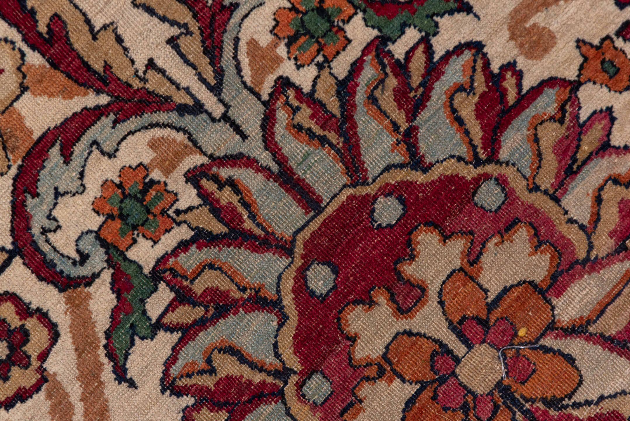 11' x 15' one-of-a-kind handmade antique Lavar oversize rug. Color palette: ivory, indigo, rust, burgundy, camel, navy, rose