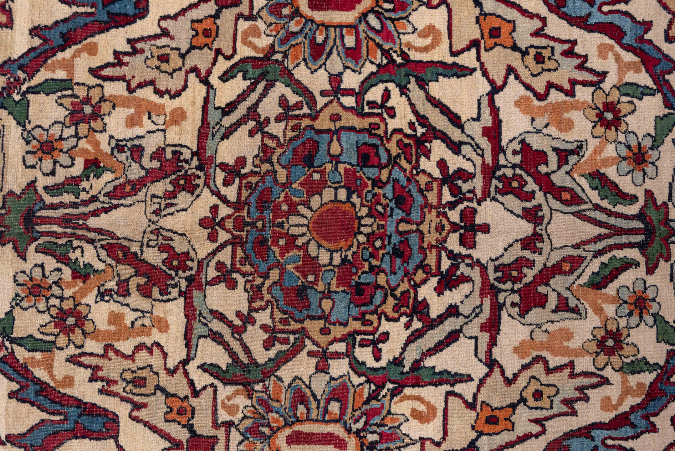 11' x 15' one-of-a-kind handmade antique Lavar oversize rug. Color palette: ivory, indigo, rust, burgundy, camel, navy, rose