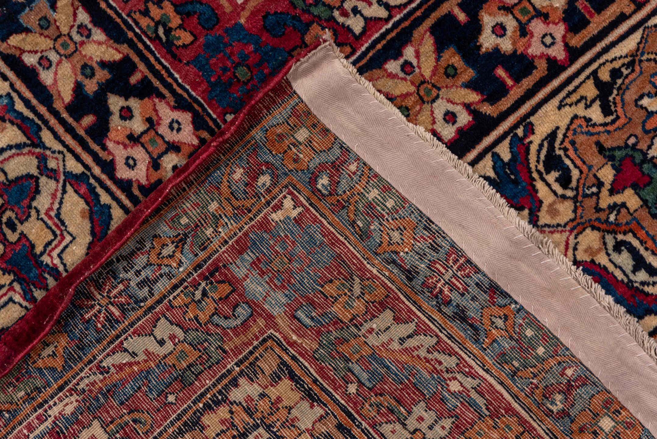 11' x 15' one-of-a-kind handmade antique Lavar oversize rug. Color palette: ivory, indigo, rust, burgundy, camel, navy, rose