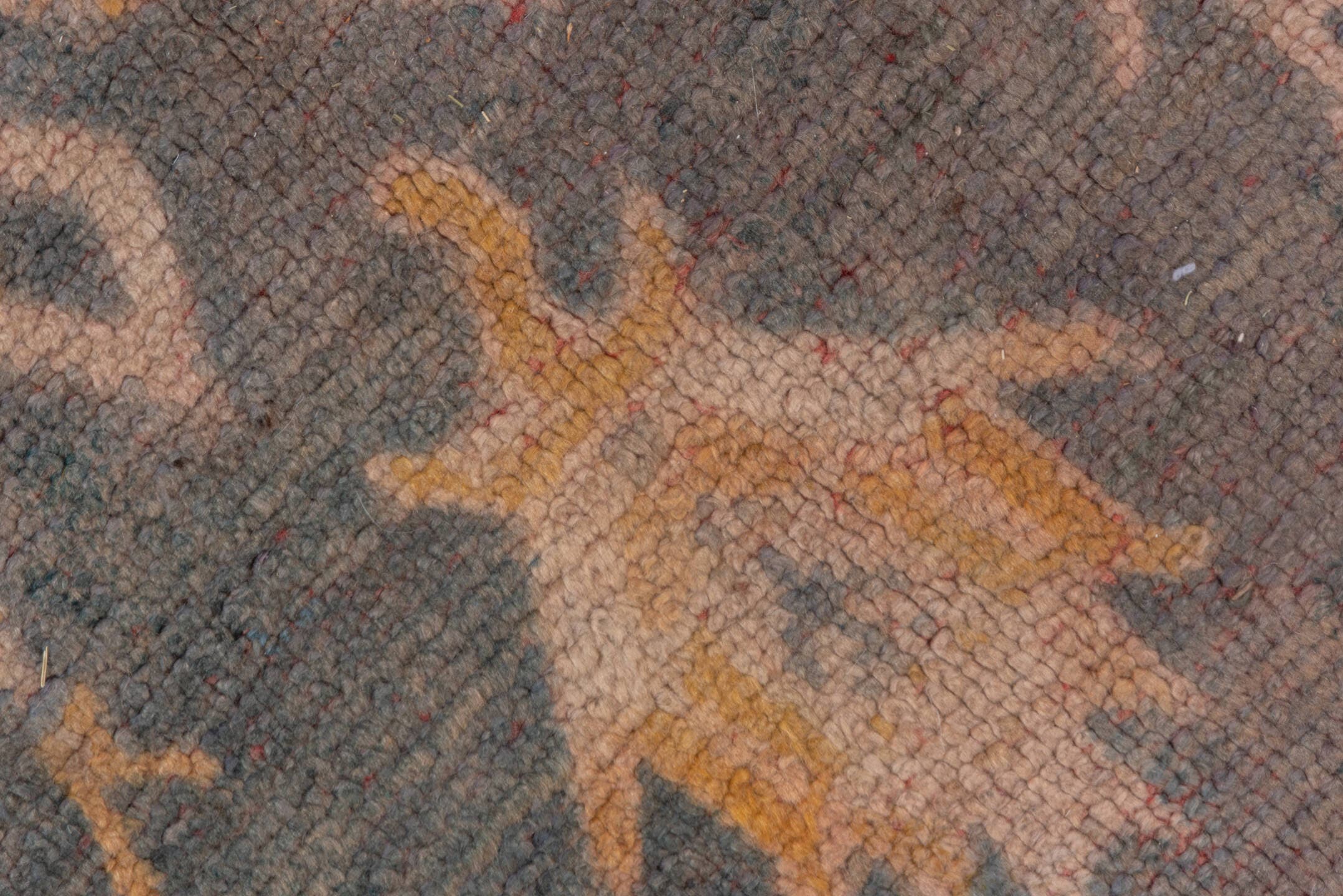 11' x 14' one-of-a-kind handmade antique Oushak oversize rug. Color palette: ivory, slate, gold, peach, taupe, saffron