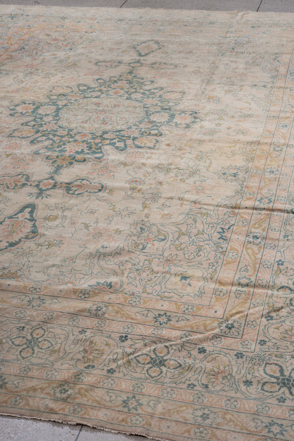 8' x 11' one-of-a-kind handmade antique Sivas large size rug. Color palette: ivory, peach, muted blue, sage, taupe, gold