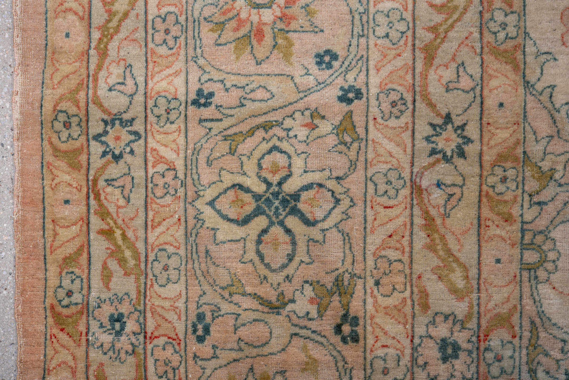 8' x 11' one-of-a-kind handmade antique Sivas large size rug. Color palette: ivory, peach, muted blue, sage, taupe, gold