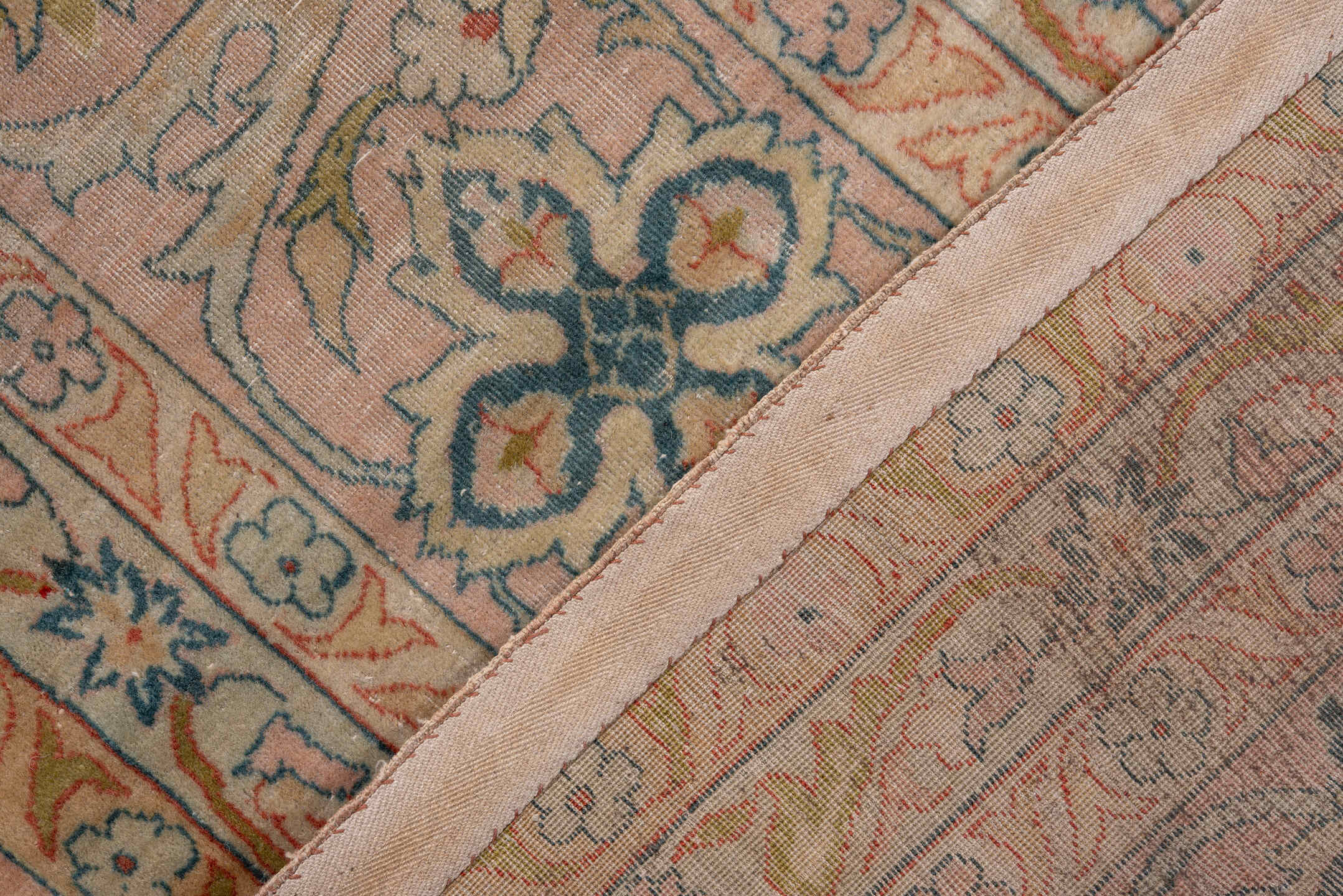 8' x 11' one-of-a-kind handmade antique Sivas large size rug. Color palette: ivory, peach, muted blue, sage, taupe, gold