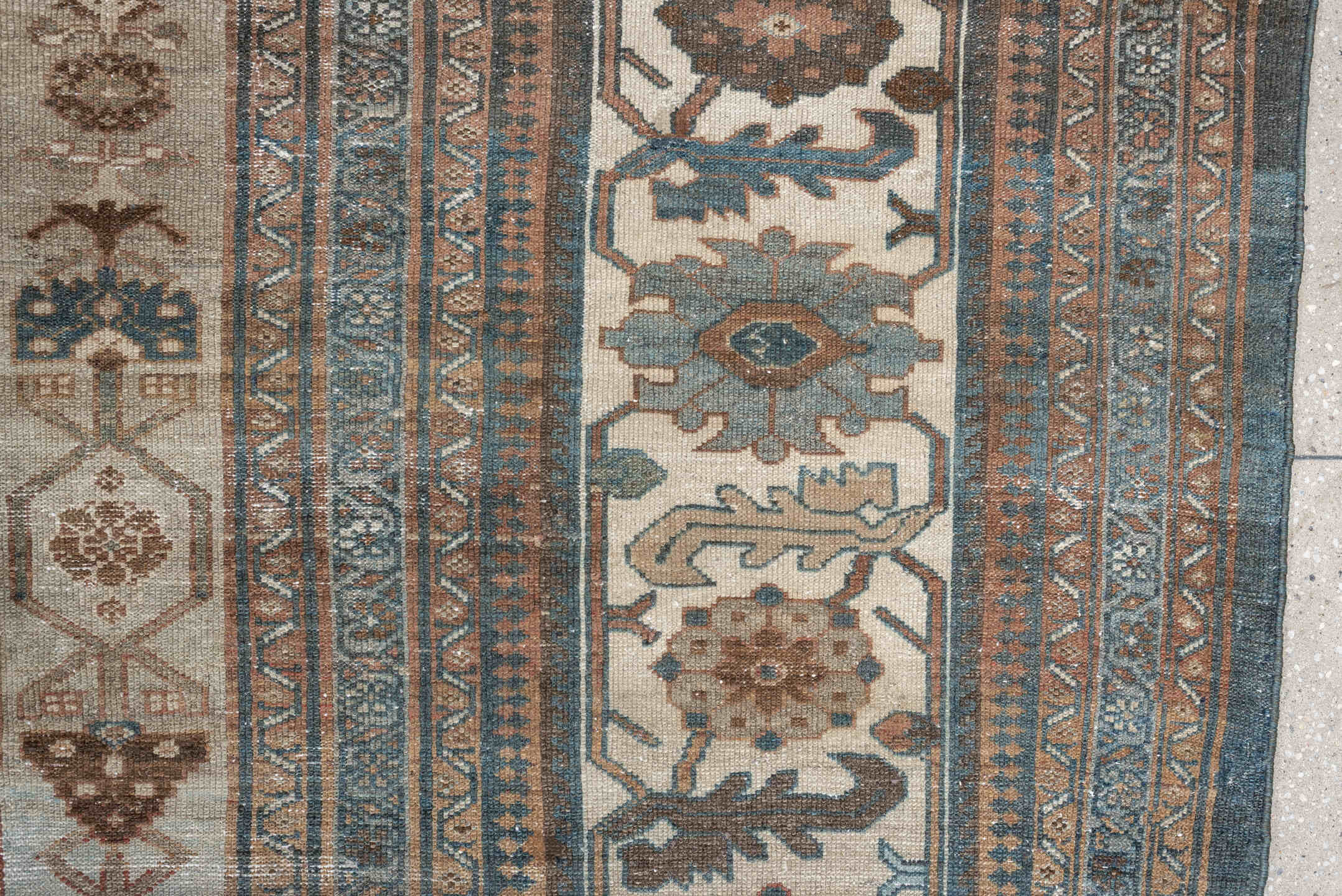 12' x 20' one-of-a-kind handmade antique Malayer oversize rug. Color palette: blue, ivory, taupe, rust, charcoal, camel