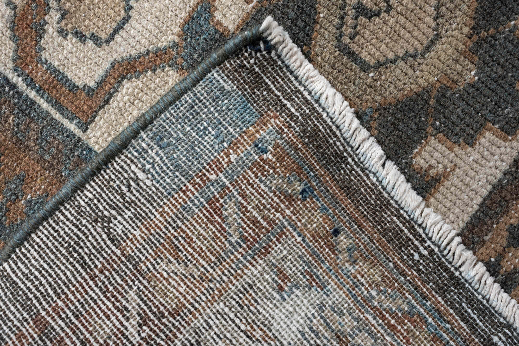 12' x 20' one-of-a-kind handmade antique Malayer oversize rug. Color palette: blue, ivory, taupe, rust, charcoal, camel